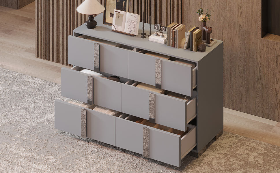 Elegant Modern Dresser With Metal Handle,Mirrored Storage Cabinet With 6 Drawers For Bedroom,Living Room,Grey Grey Mdf Metal