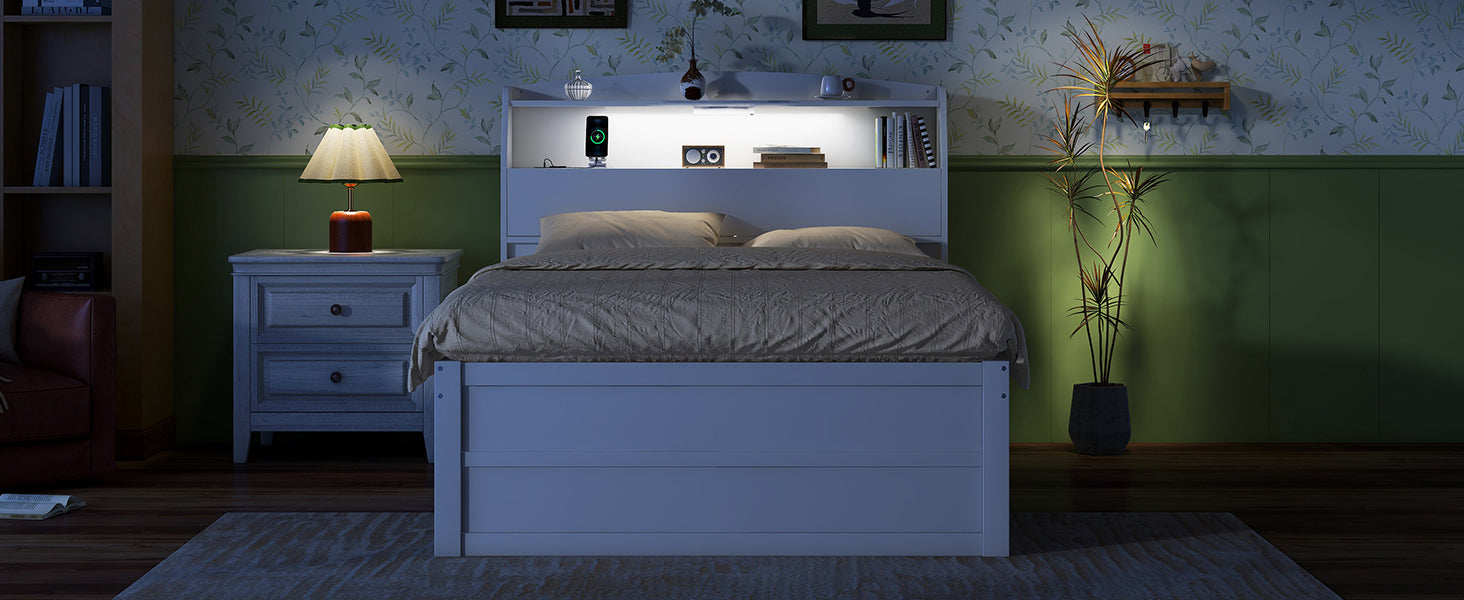 Full Size Wooden Led Platform Bed With Trundle, With Storage Headboard, With Drawers, White Full White Plywood