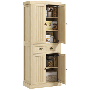 Homcom 72" Farmhouse Kitchen Pantry Cabinet, Freestanding Tall Storage Cabinet With 4 Soft Close Doors, 2 Adjustable Shelves And Drawer For Dining Room, Natural Wood Natural Wood Mdf