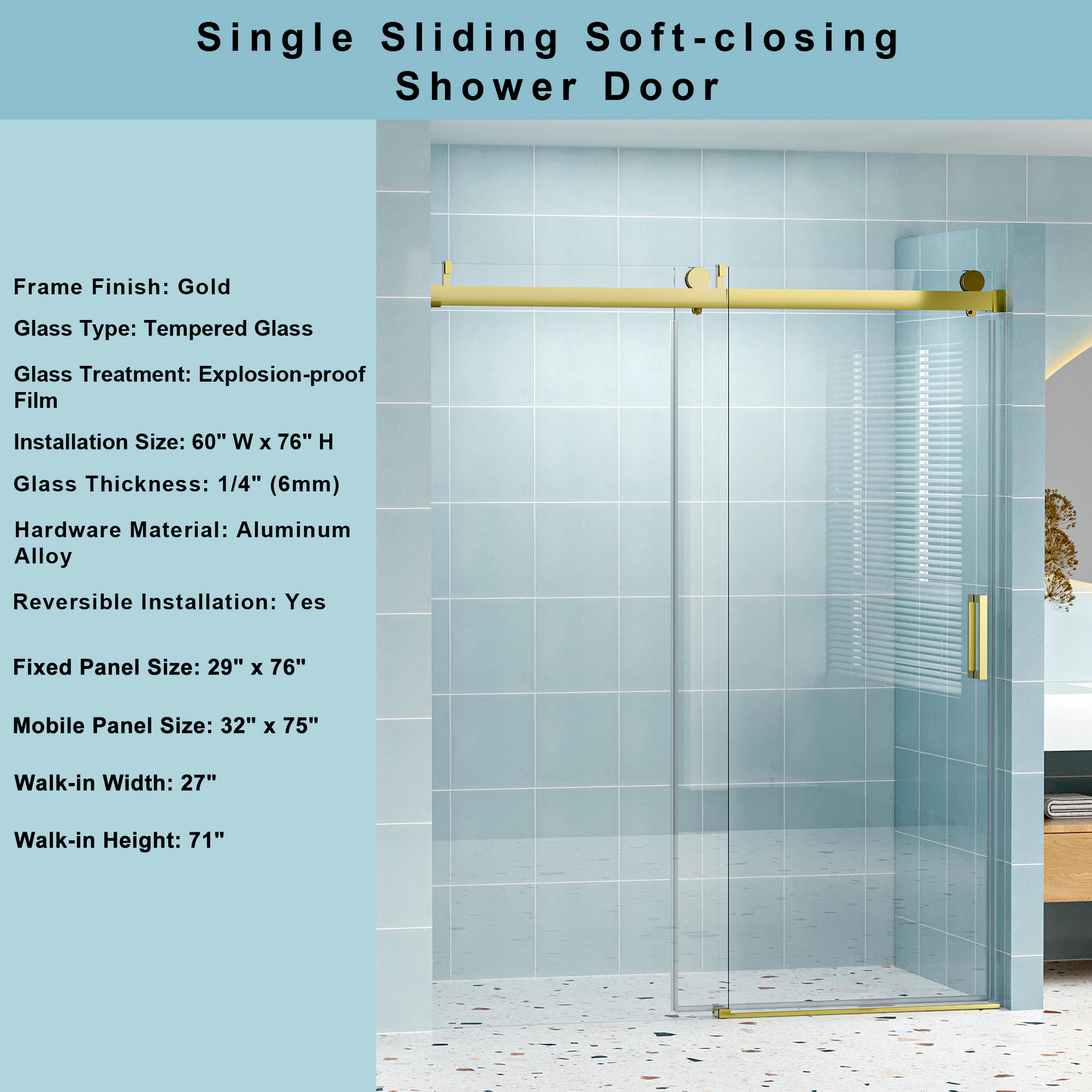 56" 60" W X 76" H Frameless Soft Closing Single Sliding Shower Door, 1 4" 6Mm Tempered Glass With Explosion Proof Coating Via Express Delivery, Gold 24D01 60Gx Gold Glass Bathroom Tempered Glass