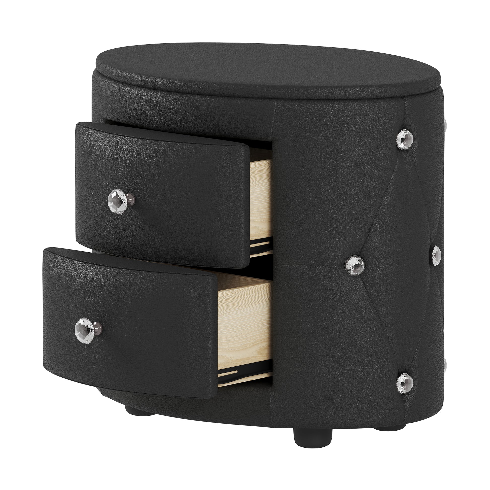 Elegant Pu Nightstand With 2 Drawers And Crystal Handle,Fully Assembled Except Legs&Handles,Storage Bedside Table Black Black Pu