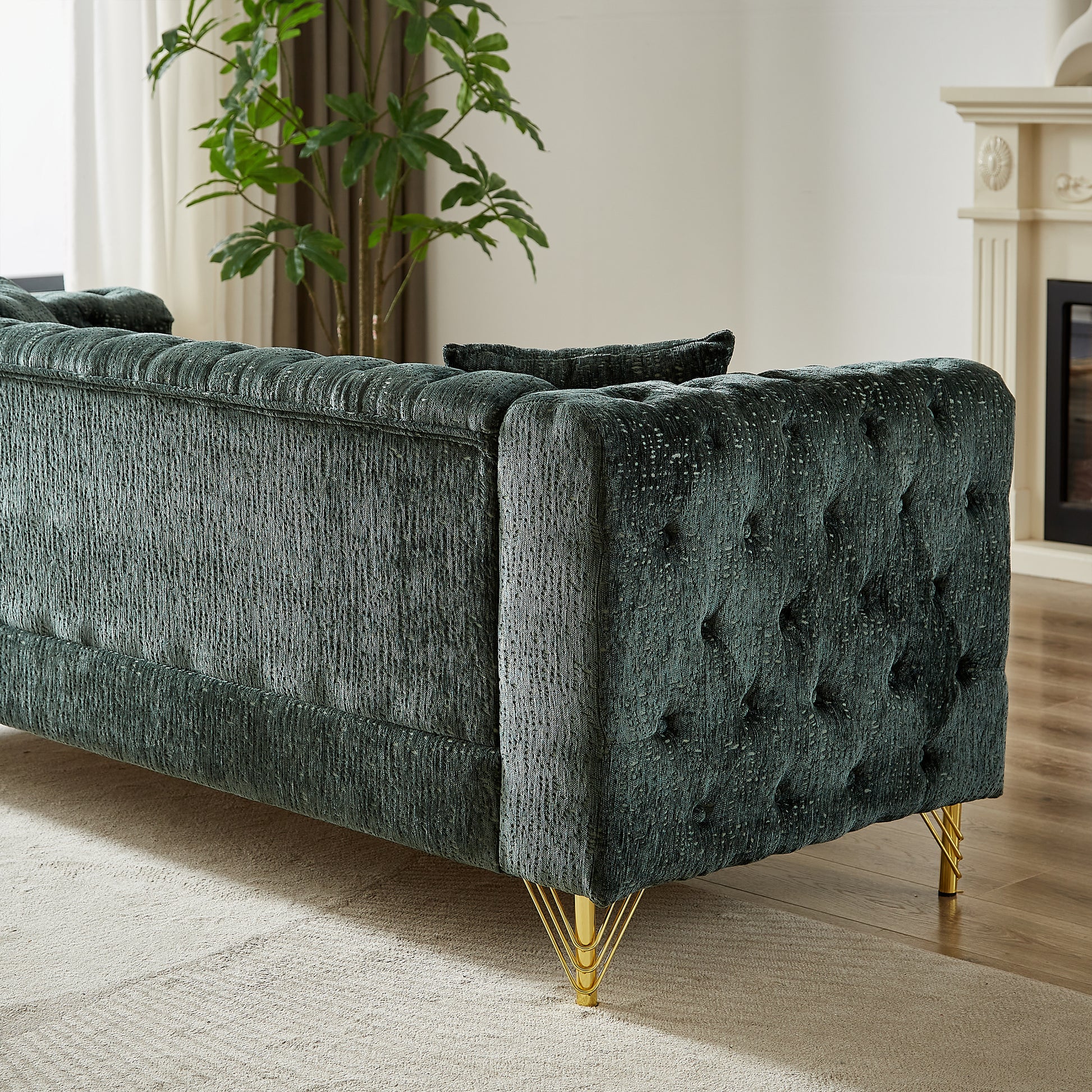 60 Inch Chenille Pull Buckle Design Sofa For Living Room,Buttons Tufted With Copper Nail Decoration Armrest, Modern Couch Upholstered Button And Metal Legs Green Foam Chenille 2 Seat