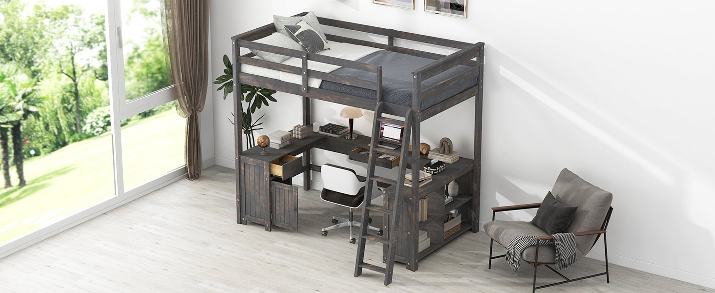 Full Size Loft Bed With U Shaped Desk, Drawers And Storage Shelves, Antique Brown Box Spring Not Required Full Antique Brown Wood Bedroom Solid Wood Mdf