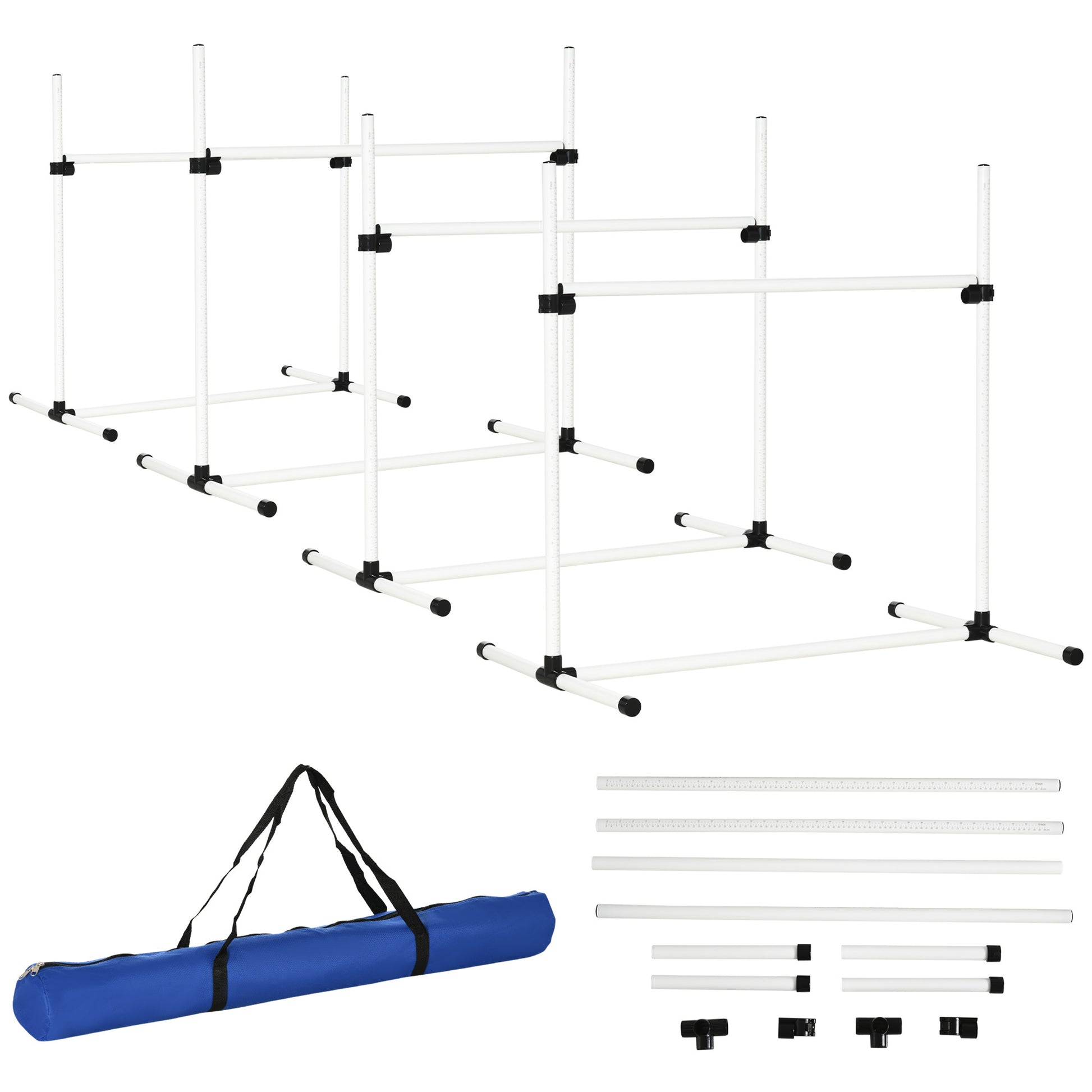 Pawhut 4 Piece Dog Agility Training Equipment For Dog Agility Course With Adjustable Height Jump Bars, Included Carry Bag, & Displacing Top Bar, White White Plastic