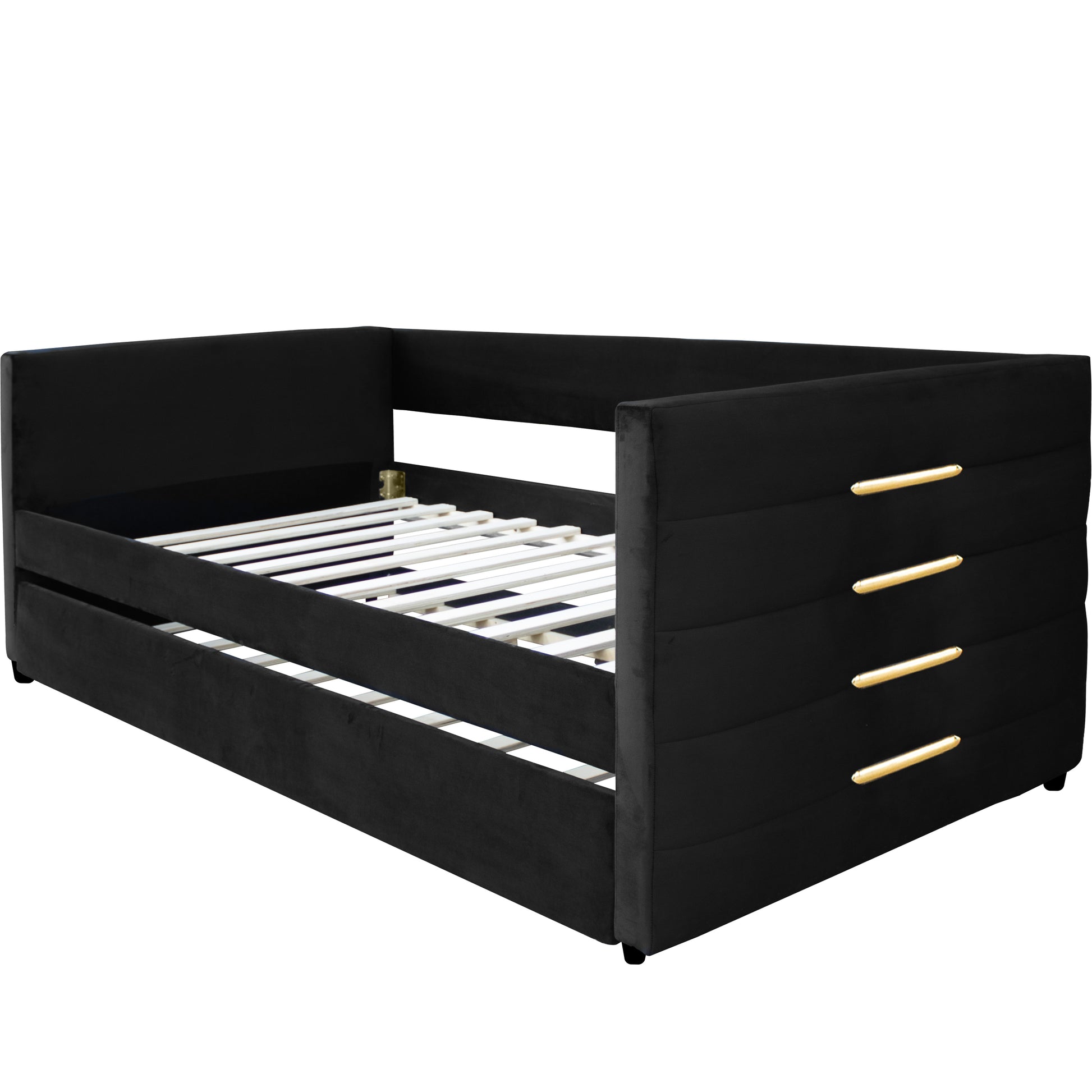 Black Upholstered Twin Size Daybed With Trundle, Velvet Fabric, Gold Iron Bar Design, No Springs Required, Moderen Style Box Spring Not Required Twin Black Wood Espresso Bedroom Minimalist,Modern,Ultra Modern Rubberwood Fiber Foam And Polyester Fiber Pad