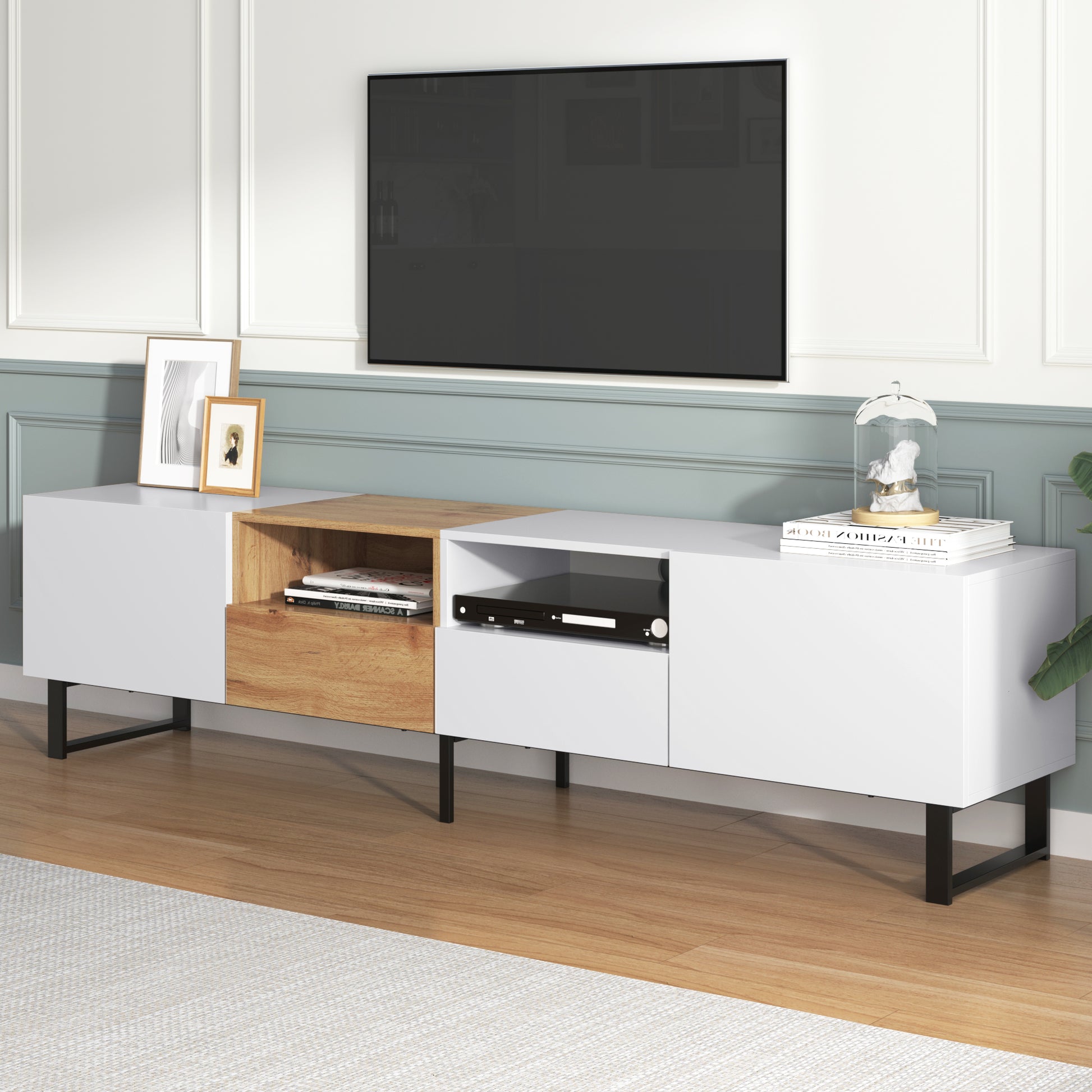 Modern Tv Stand With 2 Cabinets& Open Storage Compartment, Color Matching Media Console Table For Tvs Up To 85'', Entertainment Center With Drop Down Door For Living Room, Bedroom, Home Theatre Wood Brown Primary Living Space 70 79 Inches 90 Inches Or