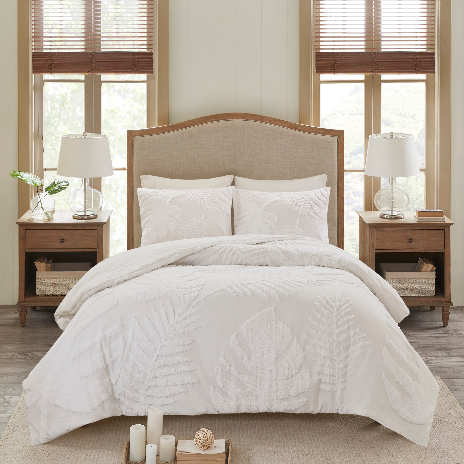 3 Piece Tufted Cotton Chenille Palm Comforter Set Off White Full Queen Queen Off White Cotton