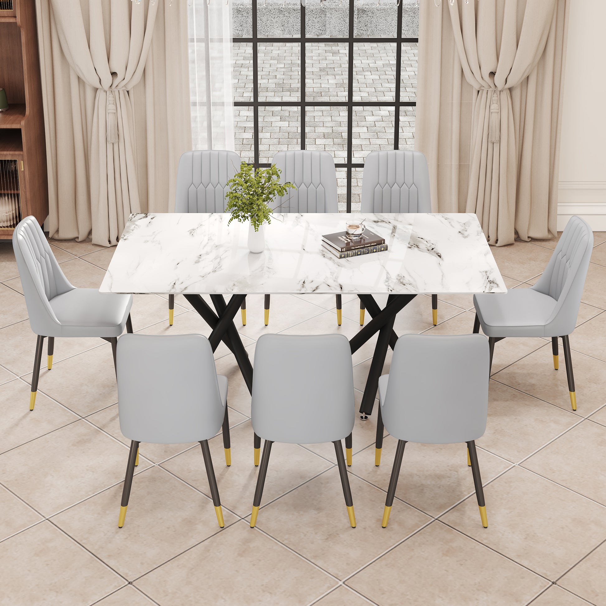 1 Table And 8 Chairs. A Rectangular Dining Table With A White Imitation Marble Tabletop And Black Metal Legs. Paired With 8 Chairs, Equipped With Pu Leather Seat Cushions And Black Metal Legs. F 1538 Grey Glass Metal