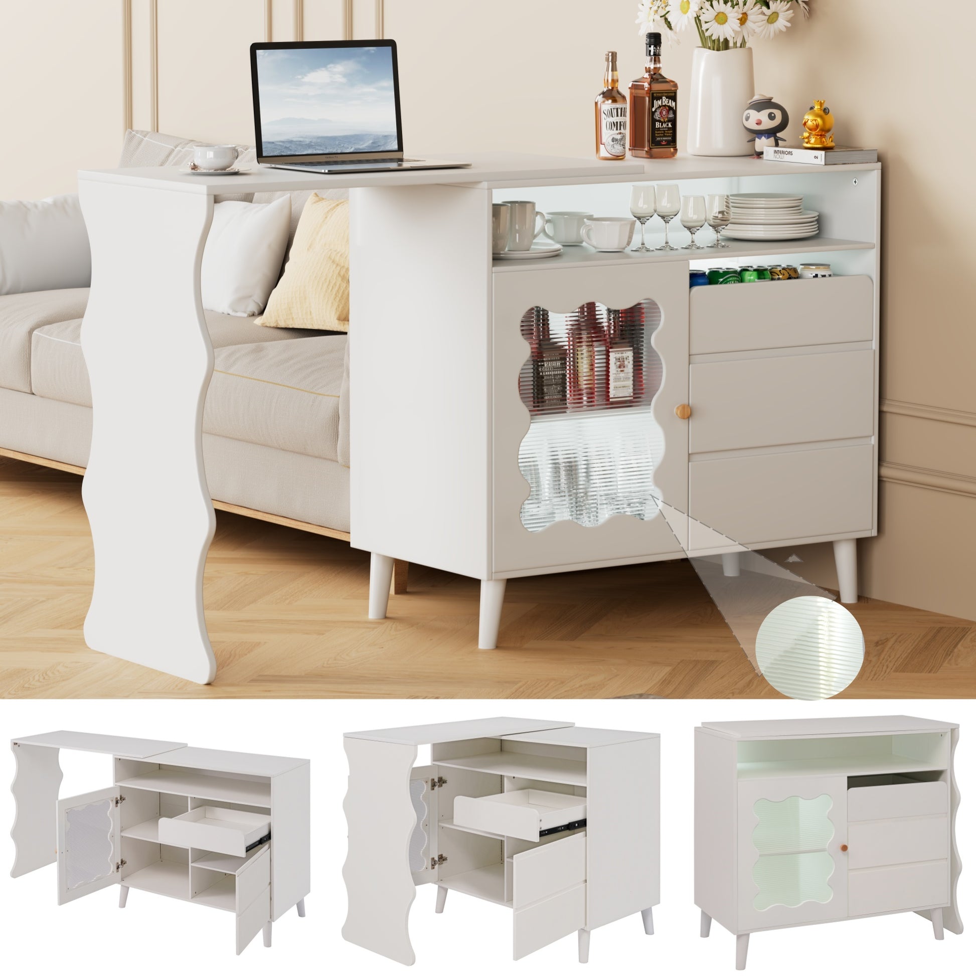 41" 79" Led L Shaped Modern Farmhouse Sideboard Buffet Cabinet, Wood Buffet Storage Cabinet With Drawers & Shelves, Large Coffee Bar Cabinet With Storage, Microwave Stand For Kitchen, Dining Room White Dining Room Modern Mdf