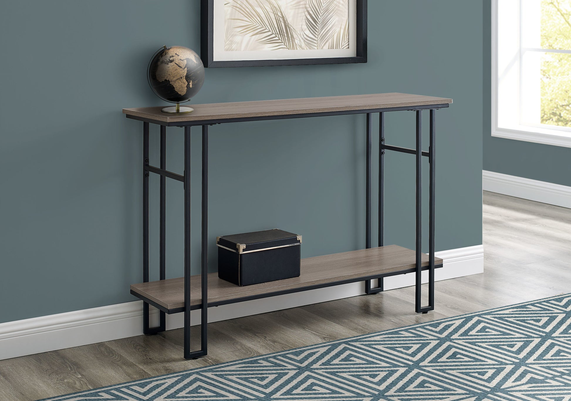 Accent Table, Console, Entryway, Narrow, Sofa, Living Room, Bedroom, Brown Laminate, Black Metal, Contemporary, Modern Taupe Metal