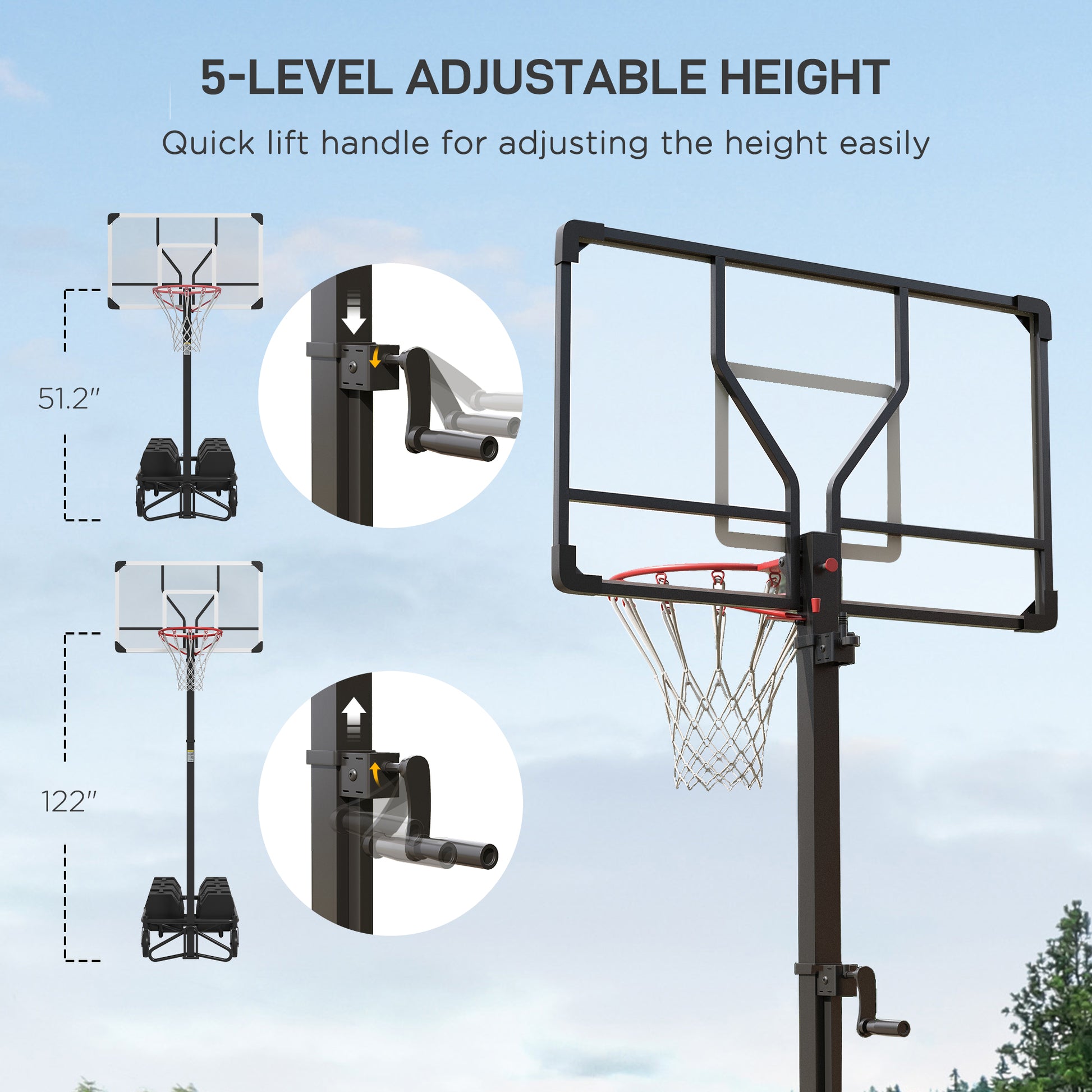 Soozier Portable Basketball Hoop, Fully Foldable Basketball Goal, 4.3 10.2Ft Height Adjustable Basketball System With 4 Wheels And Extra Wide Base For Teenagers, Youth & Adults Black Steel