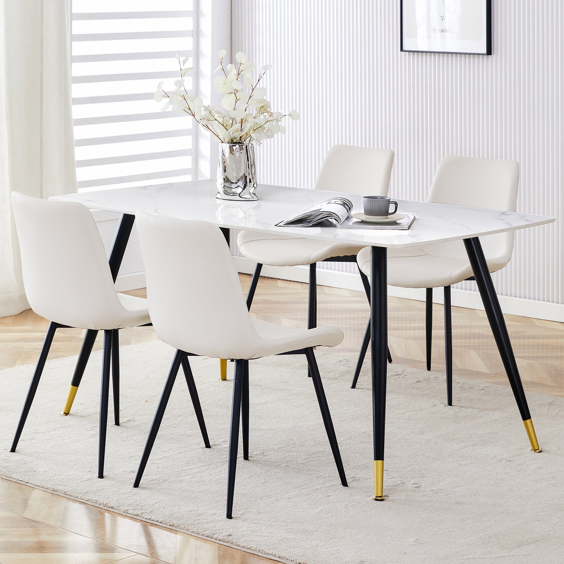 Table And Chair Set, White Imitation Marble Texture Rock Board Table Top, Black Metal Table Legs.Paired With 4 White Artificial Leather Backrest Cushion Dining Chairs With Black Metal Legs. White Black Seats 4 Metal