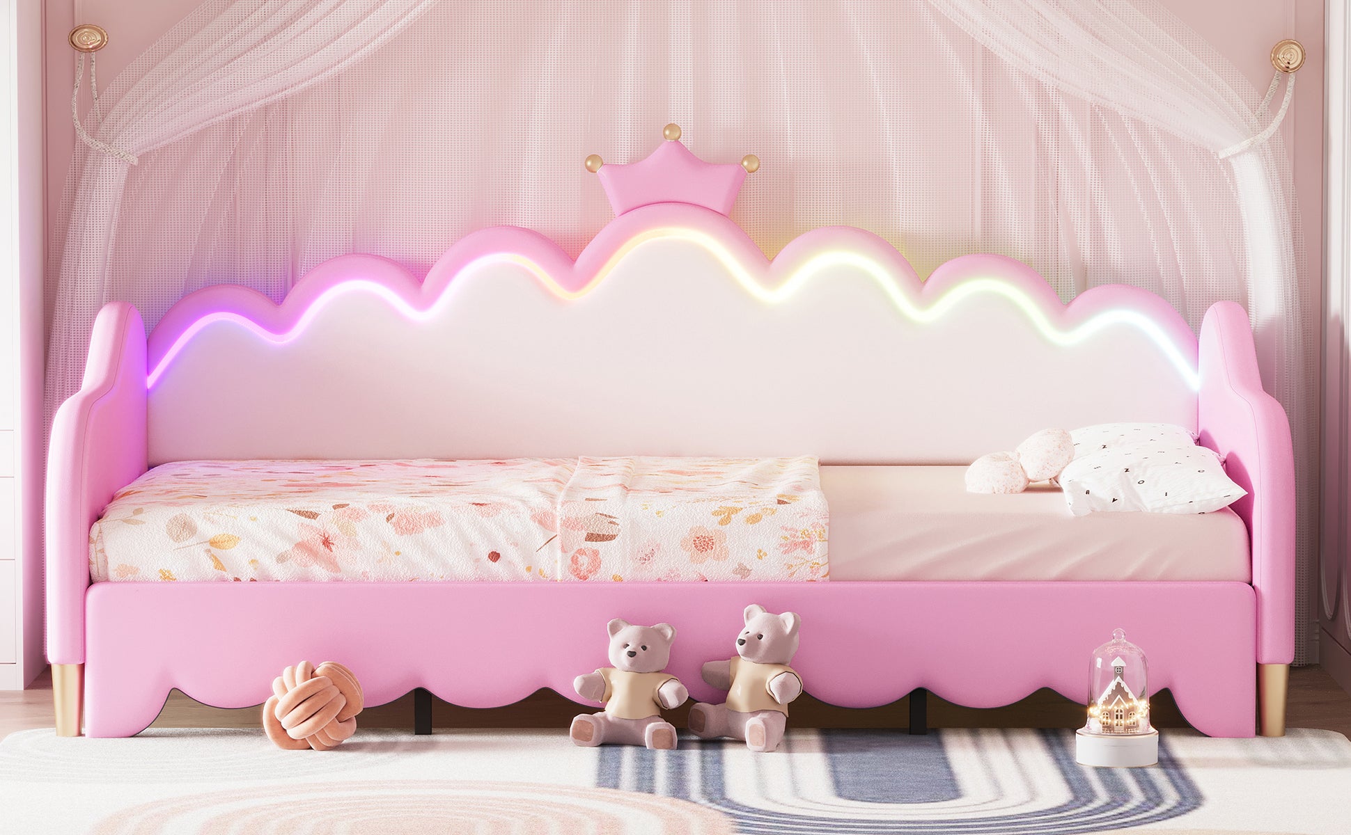 Twin Extending Daybed With Led Lights, Modern Upholstered Princess Daybed With Crown Headboard,Pink Twin Pink Wood