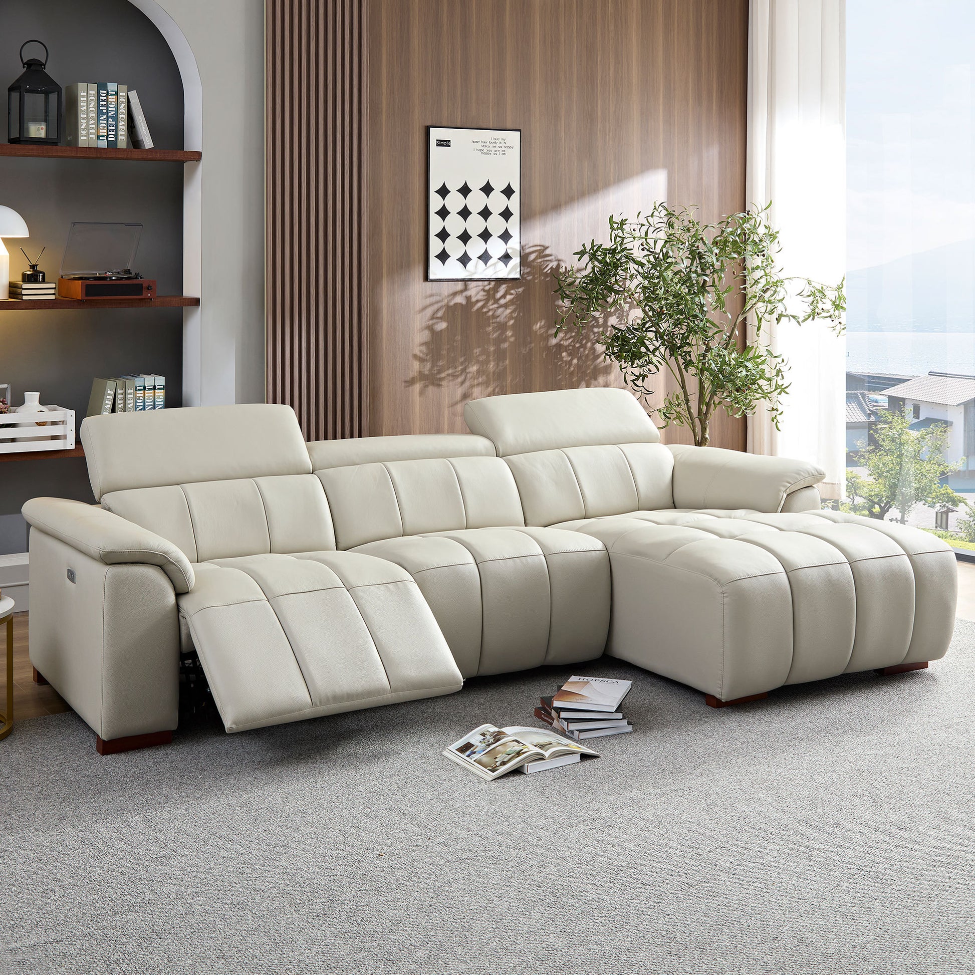 Wall Hugger Reclining Sofa Modern Electric Control Genuine Leather L Shaped Couch,Lounge Seat Theater Seating Furniture With Usb Port, Sofa With Headrest & Footrest For Living Room,Apartment,Office Light Grey Genuine Leather 3 Seat