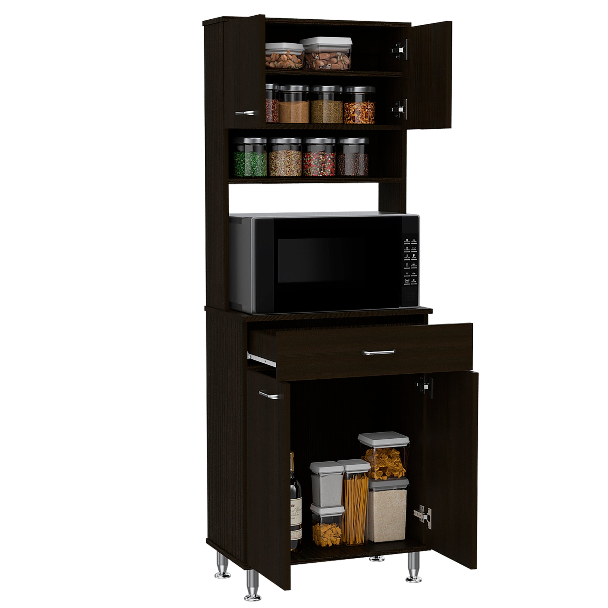 Della 60 Kitchen Pantry With Countertop, Closed & Open Storage Black Freestanding Black Kitchen Open Storage Space Modern Particle Board Particle Board