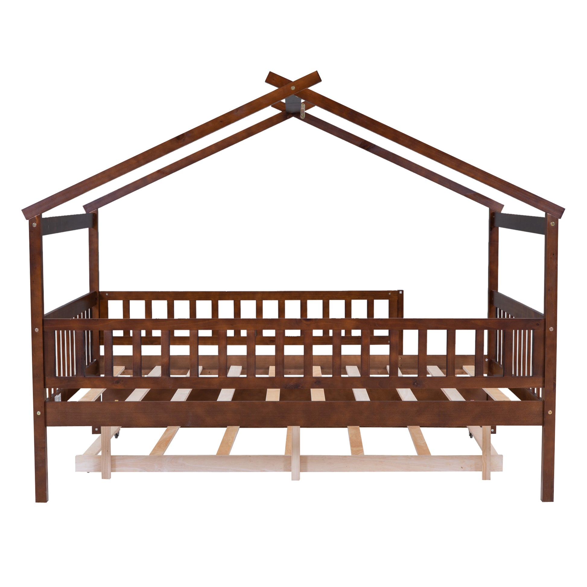 Full Size Wooden House Bed With Twin Size Trundle, Walnut Full Walnut Solid Wood Mdf