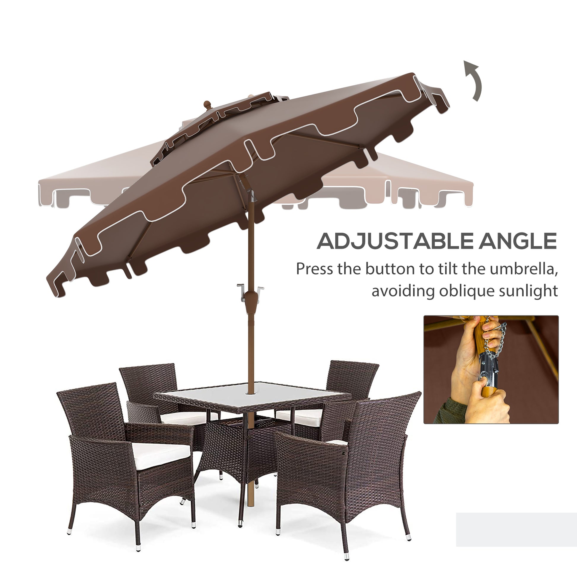 Outsunny 9' Patio Umbrella With Push Button Tilt And Crank, Double Top Ruffled Outdoor Market Table Umbrella With 8 Ribs, For Garden, Deck, Pool, Brown Brown Polyester