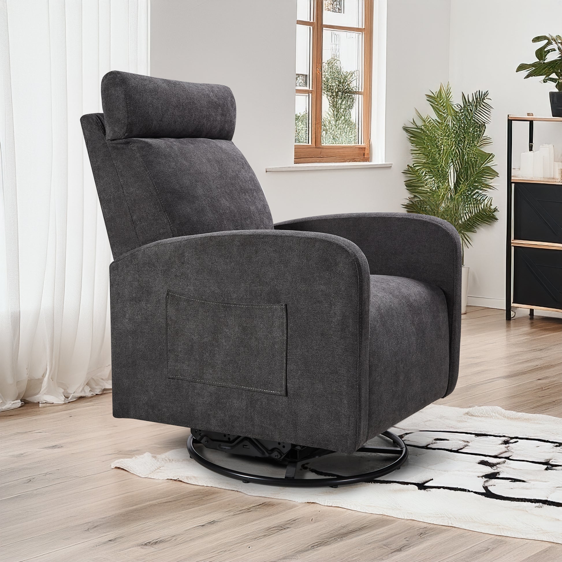 Swivel Upholstered Manual Recliner Chair Theater Recliner Sofa 360 Degree Nursery Glider Rocker For Living Room, Dark Coffee Dark Gray Primary Living Space American Design,American Traditional,Modern Fiber Foam Pads Chenille