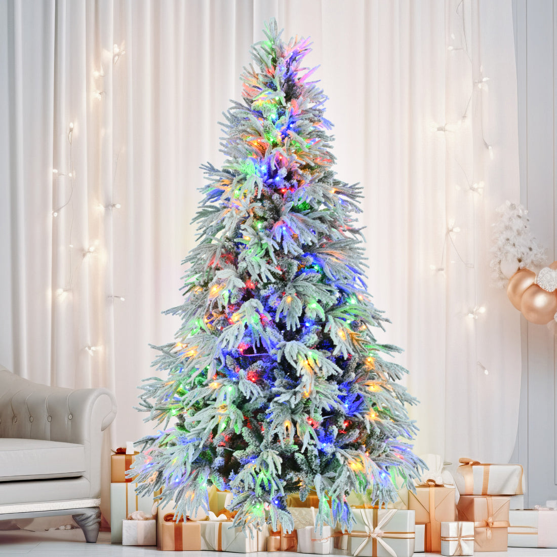 7.5Ft Pre Lit Spruce Snow Flocked Christmas Tree, Artificial Hinged Xmas Tree With 350 Multi Color Led Lights, 8 Flashing Modes &1389 Snow Branch Tips, Holiday Office Home D Cor White Green Polyethylene