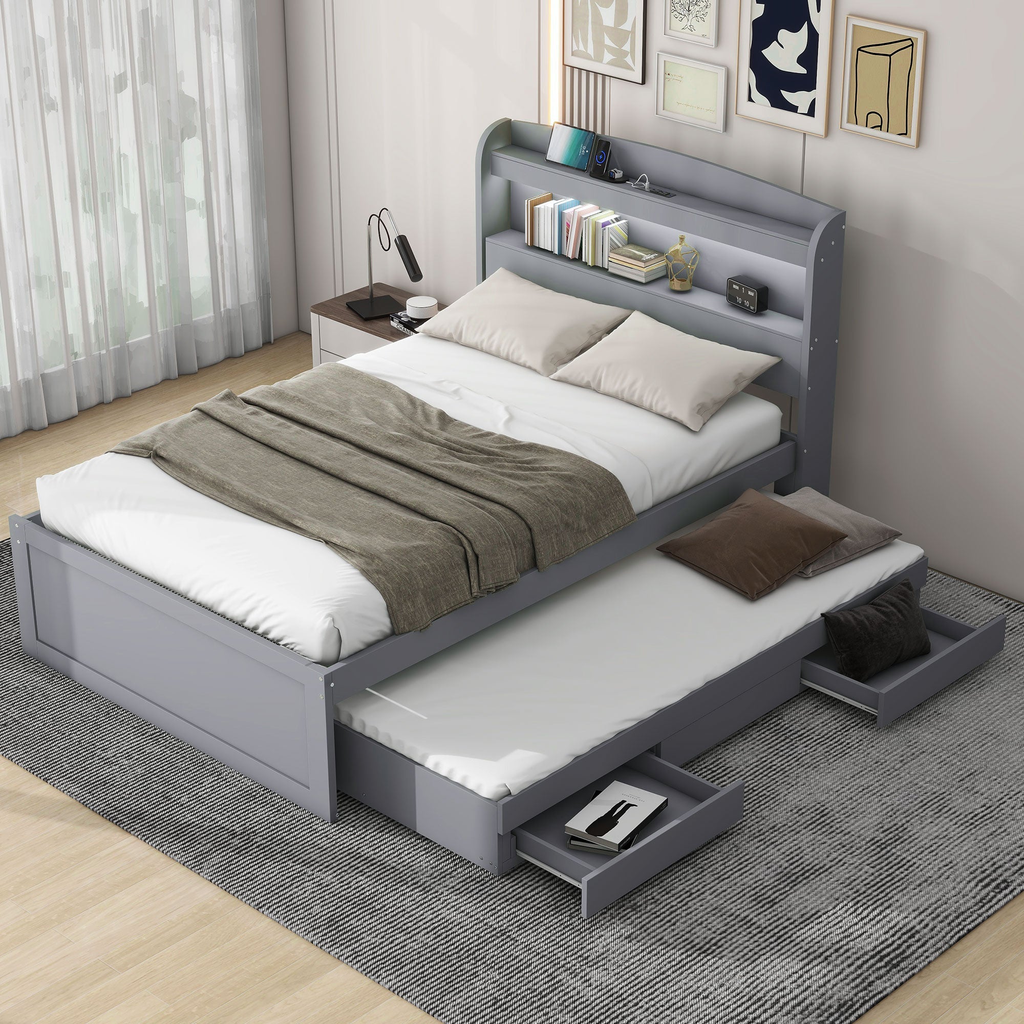 Twin Xl Size Platform Bed With Storage Led Headboard, Charging Station, Twin Size Trundle And 2 Drawers, Gray Box Spring Not Required Twin Xl Gray Wood Bedroom Bed Frame Solid Wood Mdf