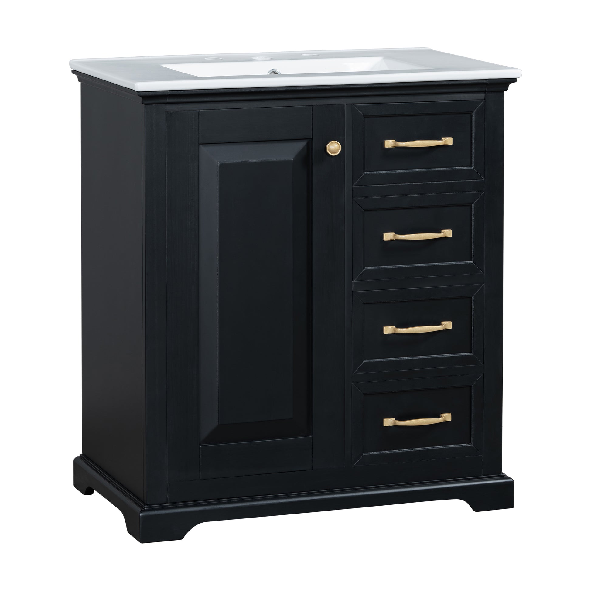 30" Bathroom Vanity With Sink, One Package, Black Bathroom Cabinet With Drawers, Solid Frame And Mdf Board Black Solid Wood Mdf