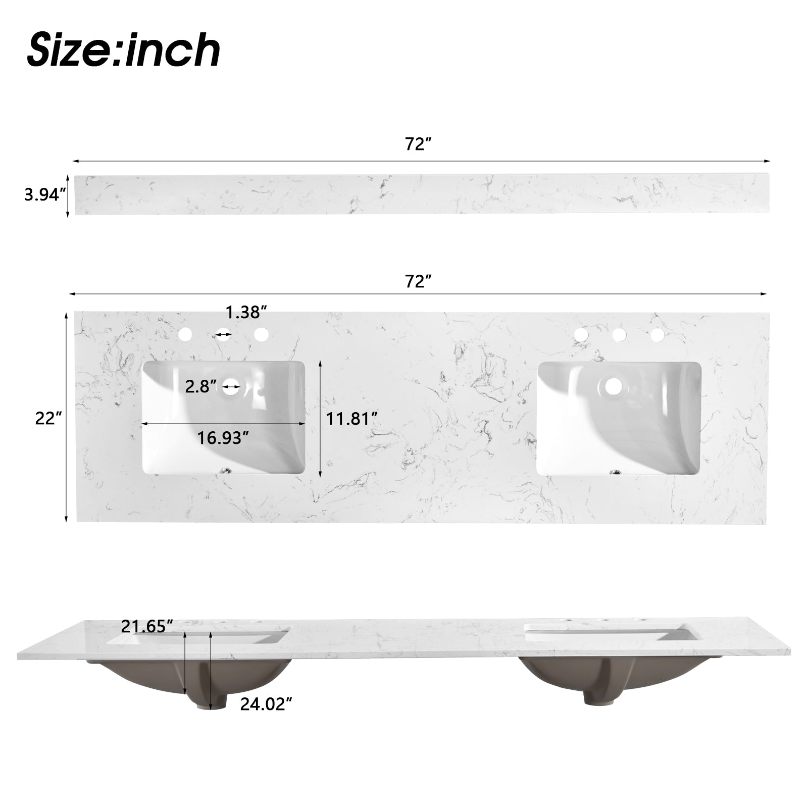 72"X 22" Bathroom Stone Vanity Top Engineered Color With Undermount Ceramic Sink And 3 Faucet Hole With Backsplash White Bathroom Stone