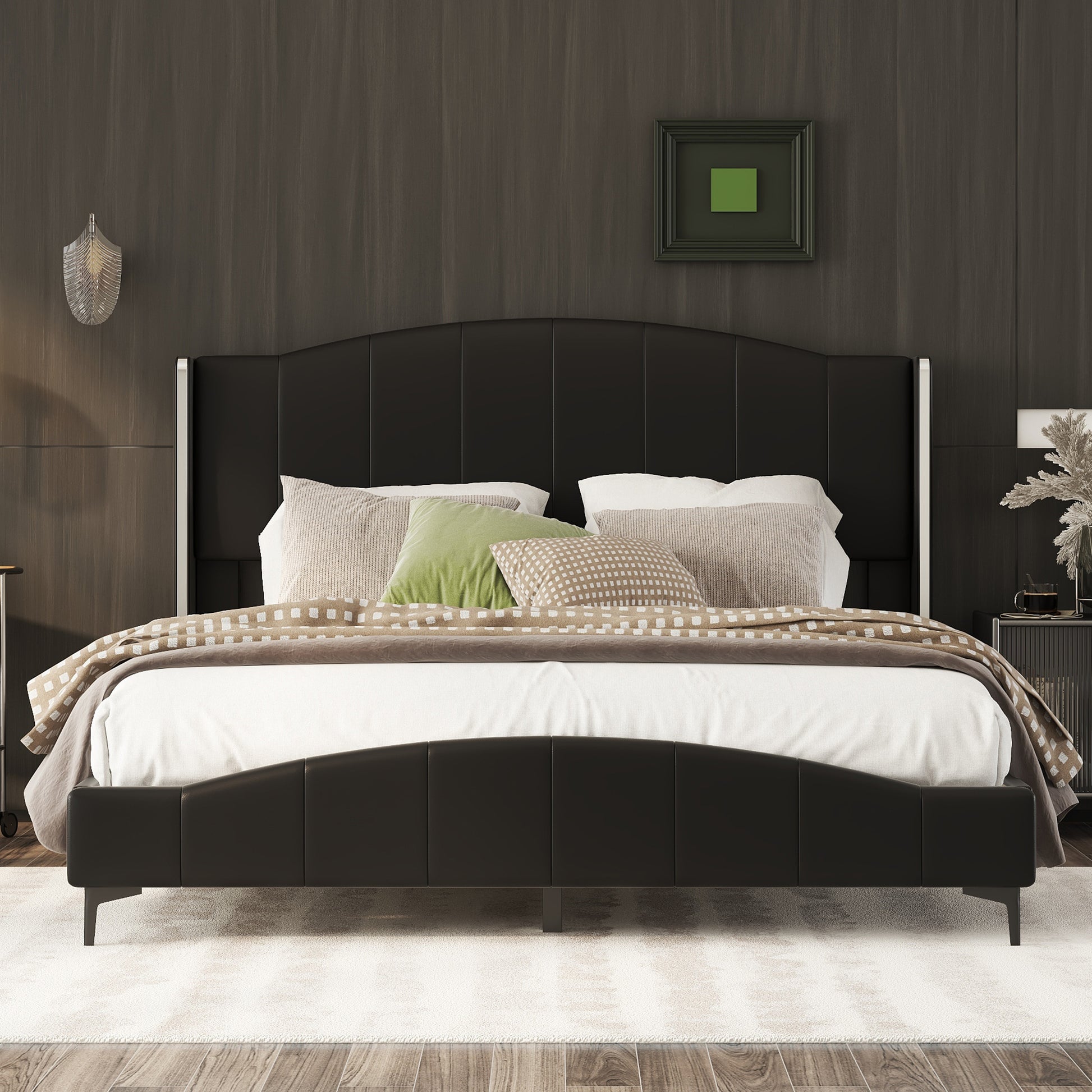 Queen Size Pu Leather Upholstered Platform Bed, Headboard With Wingback And Metal Bar Accents, No Box Spring Required, Black Queen Black Pu