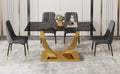 Table And Chair Set.Modern Rectangular Dining Table With Black Textured Stickers Glass Tabletop And Gold Plated Metal Legs.Paried With 4 Comfortable Chairs With Pu Seats And Black Metal Legs. Black Gold Seats 4 Glass Metal