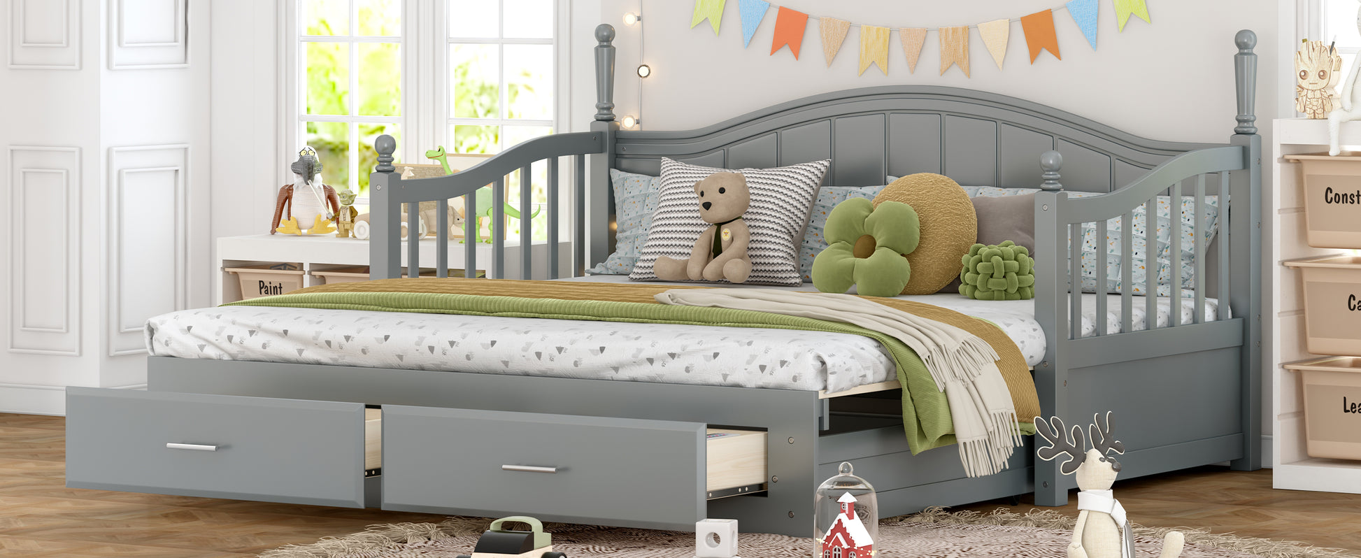 Wooden Twin Size Daybed With Twin Size Trundle, Extendable Daybed With Two Storage Drawers,Gray Expected Arrival Time:9.12 Twin Gray Wood