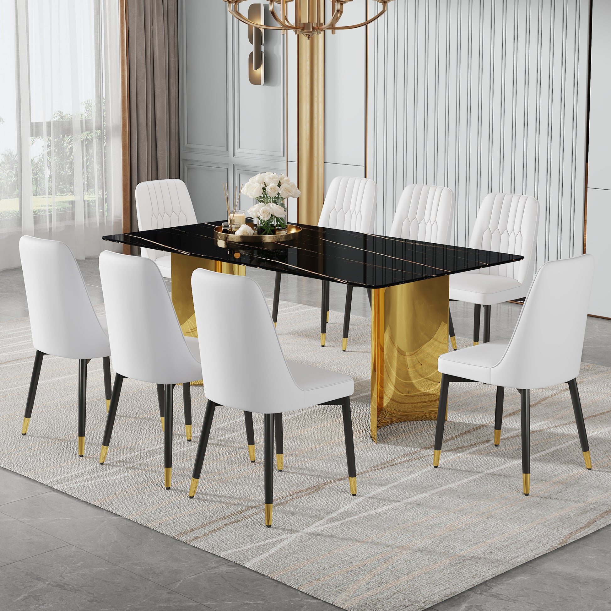 Table And Chair Set.The Table Has A Glass Top With Imitation Marble Pattern Stickers And Stainless Steel Golden Legs. Paried With Chairs With Pu Artificial Leather Backrest Cushions And Black Legs. Black Gold Seats 8 Glass Metal