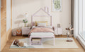 Twin Size Metal Platform Bed With Two Drawers,House Shaped Headboard Design, Pink Twin Pink Metal
