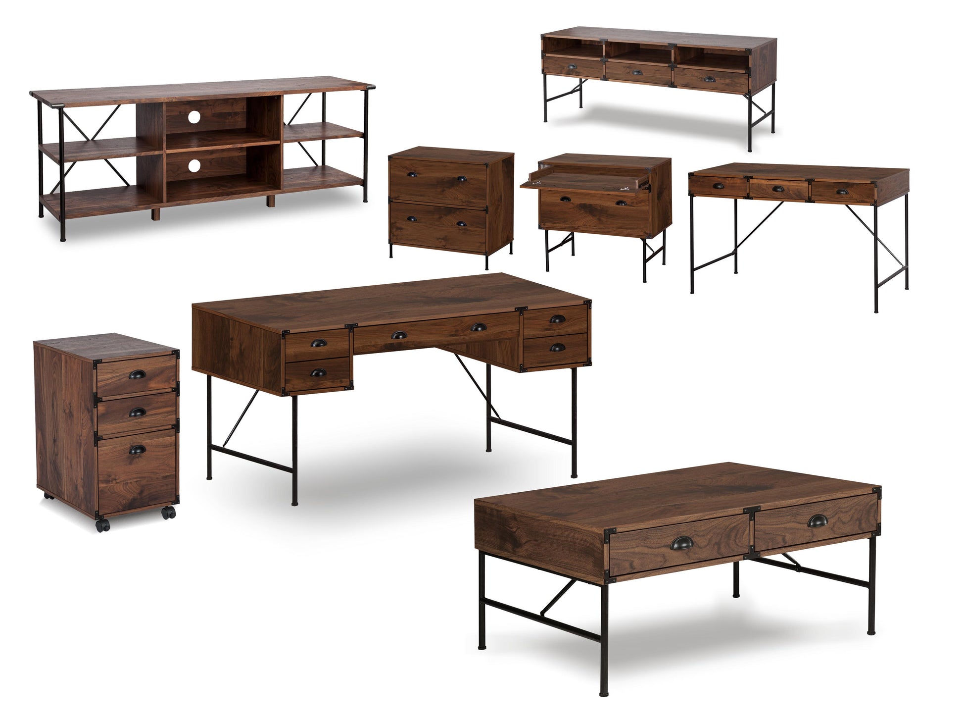 Coffee Table "Chic Walnut Coffee Table With Drawers And Sleek Metal Frame For Modern Living Spaces" Walnut Solid Wood