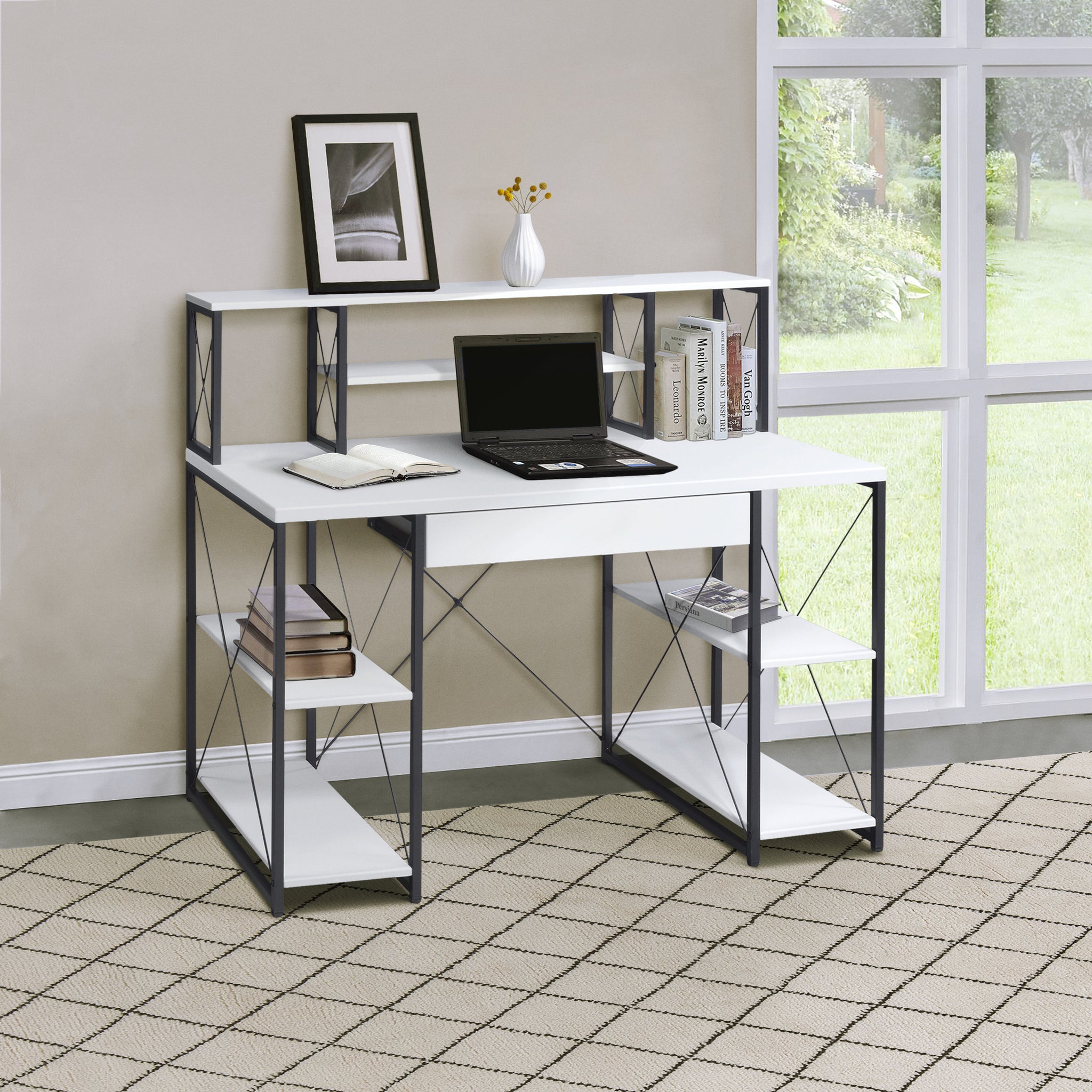 White And Black Office Desk With Open Shelves And Hutch White Black Writting Desk Office Rectangular Shelves Wood Metal Sled