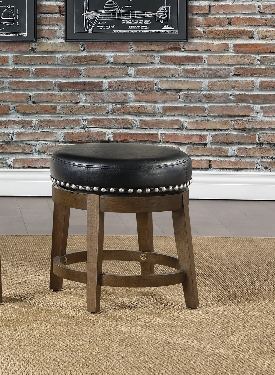 Round Swivel Stool Set Of 2, Black Faux Leather 360 Degree Swivel Seat Trim Solid Wood Frame Brown Finish Transitional Style Furniture Brown Black Dining Room Round Solid Wood