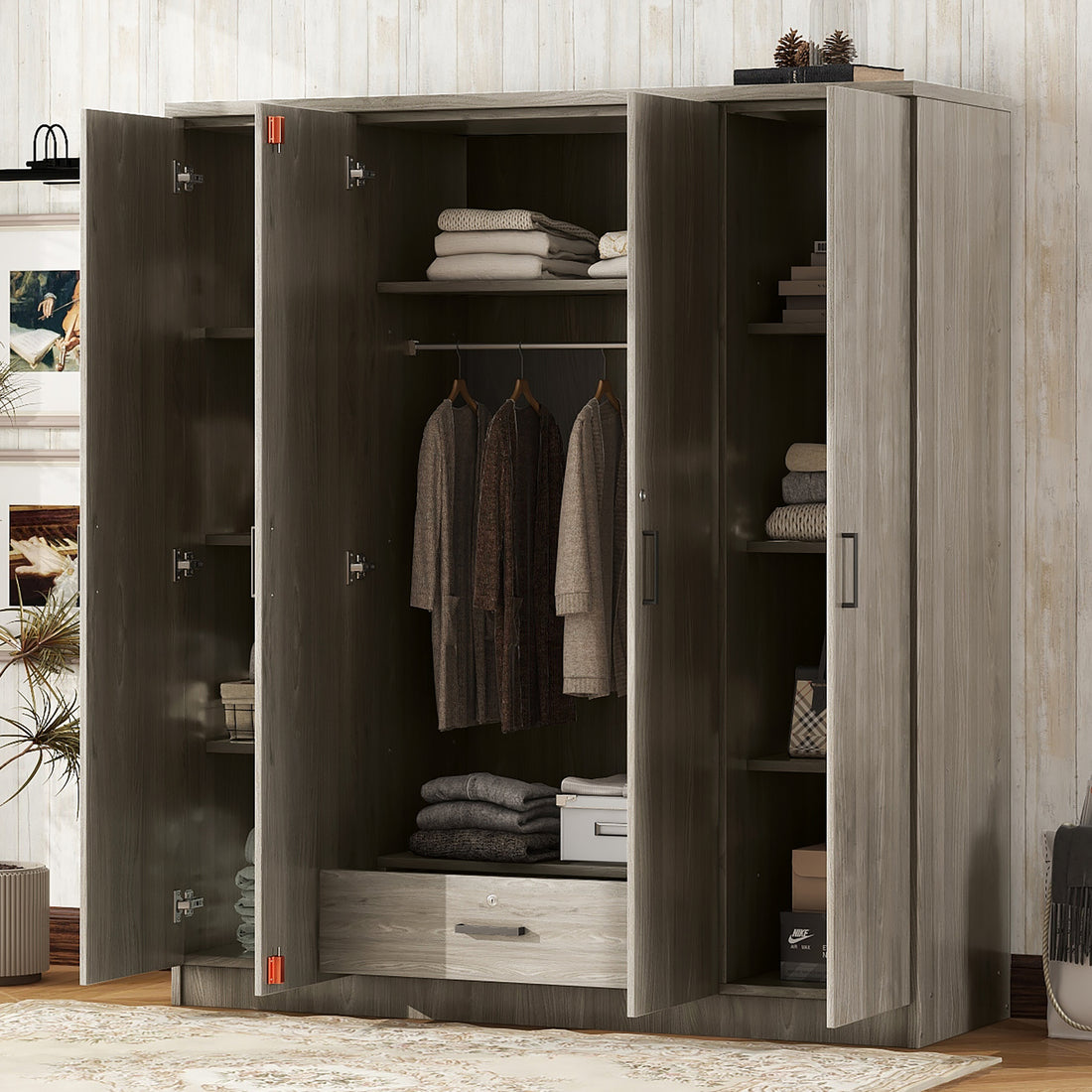 4 Door Wardrobe With 1 Drawer, Gray Grey Gray Bedroom Contemporary Mdf