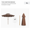 Outsunny 9' Patio Umbrella With Push Button Tilt And Crank, Double Top Ruffled Outdoor Market Table Umbrella With 8 Ribs, For Garden, Deck, Pool, Brown Brown Polyester