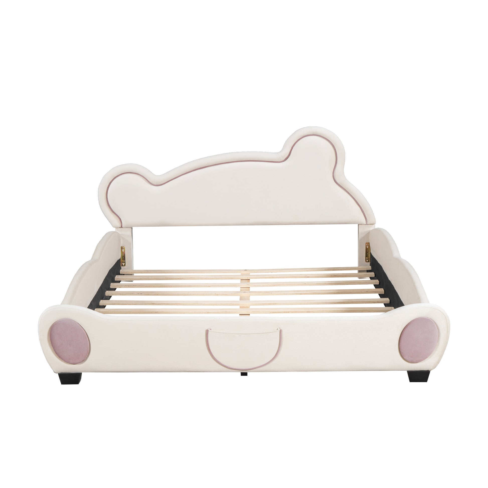 Queen Size Velvet Platform Bed With Bear Shaped Headboard, With Bed End Storage Pocket, Beige Queen Beige Plywood