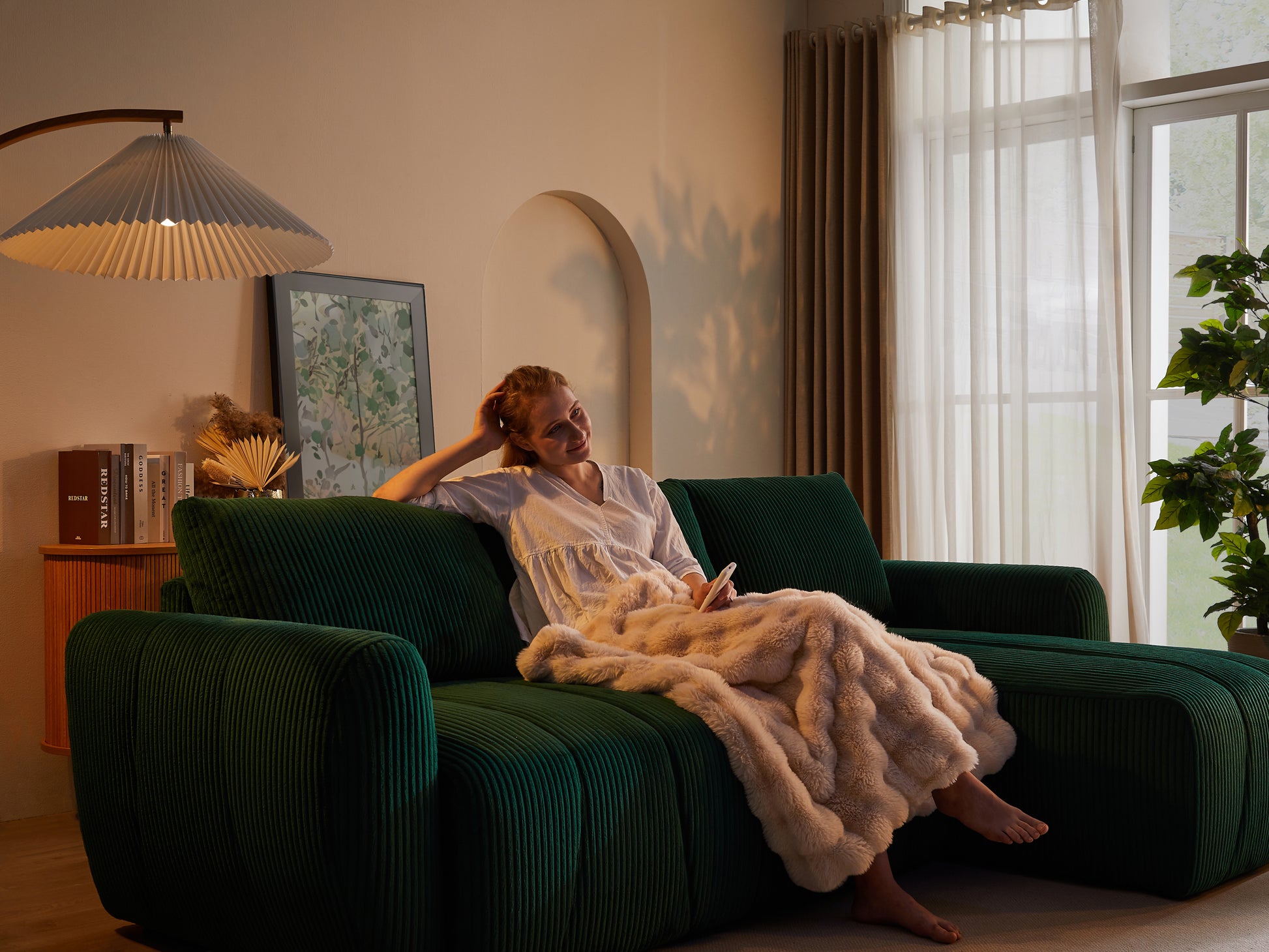 Convertible Sectional Sofa Couch, Modern Fabric 3 Seater L Shaped Couch For Living Room, Apartment, Office, Small Space Dark Green Corduroy 5 Seat