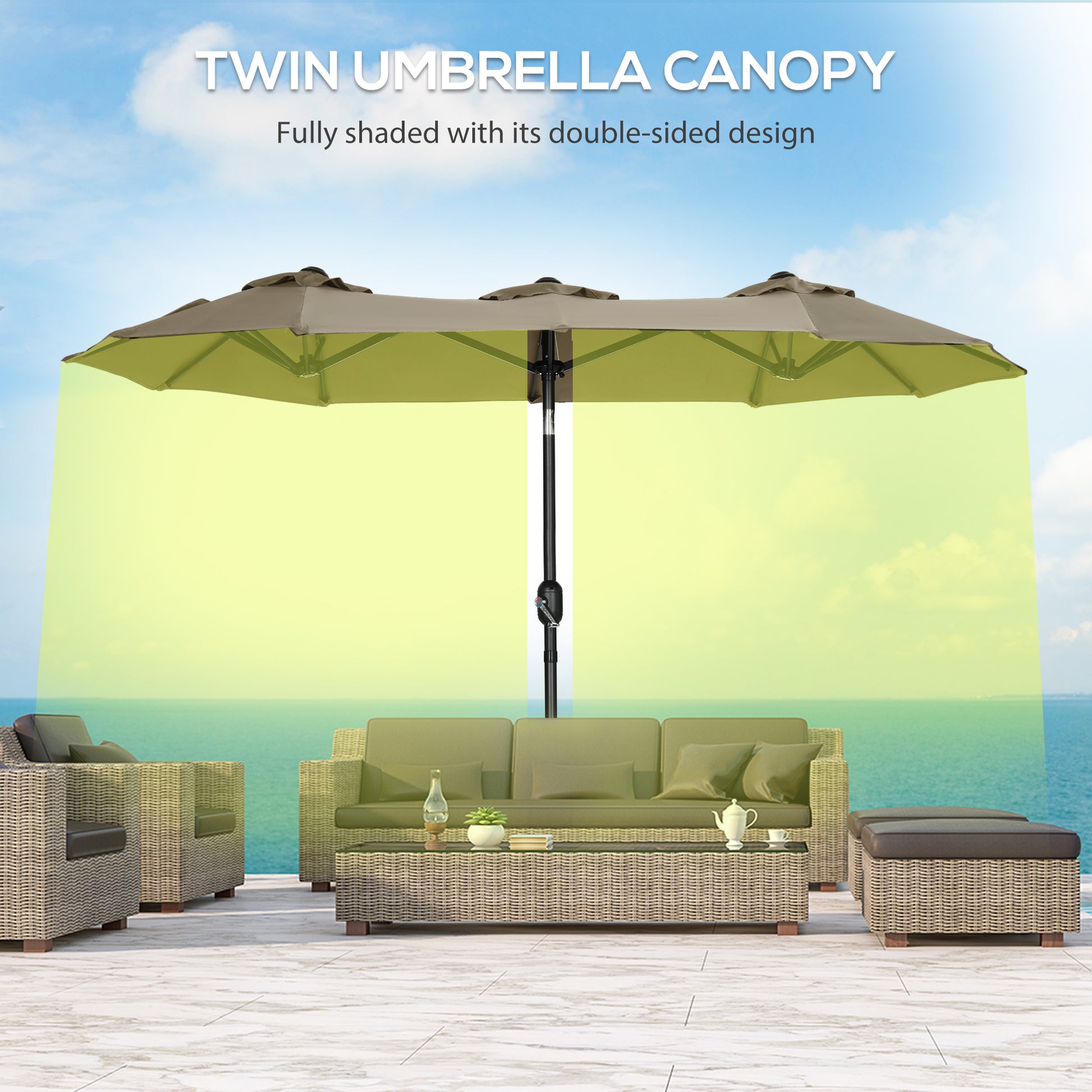 Outsunny Double Sided Patio Umbrella 9.5' Large Outdoor Market Umbrella With Push Button Tilt And Crank, 3 Air Vents And 12 Ribs, For Garden, Deck