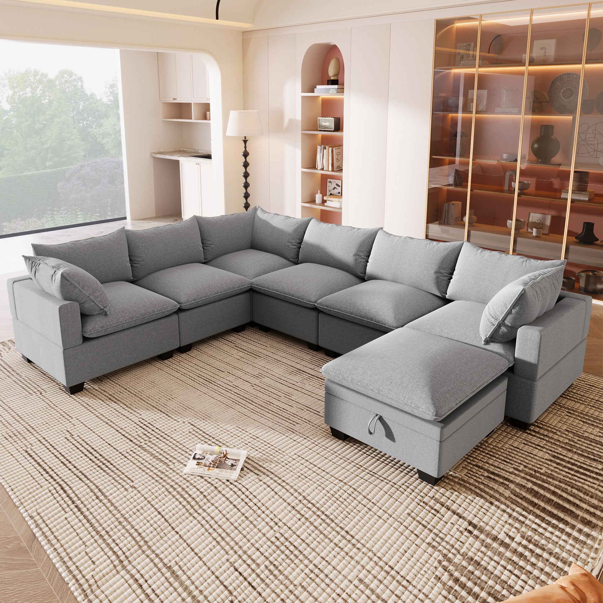 120*93" Modern U Shape Modular Sofa With Storage Ottoman,Luxury 7 Seat Sectional Couch Set With 2 Pillows Included,Freely Combinable Indoor Funiture For Living Room, Apartment Gray Polyester 7 Seat