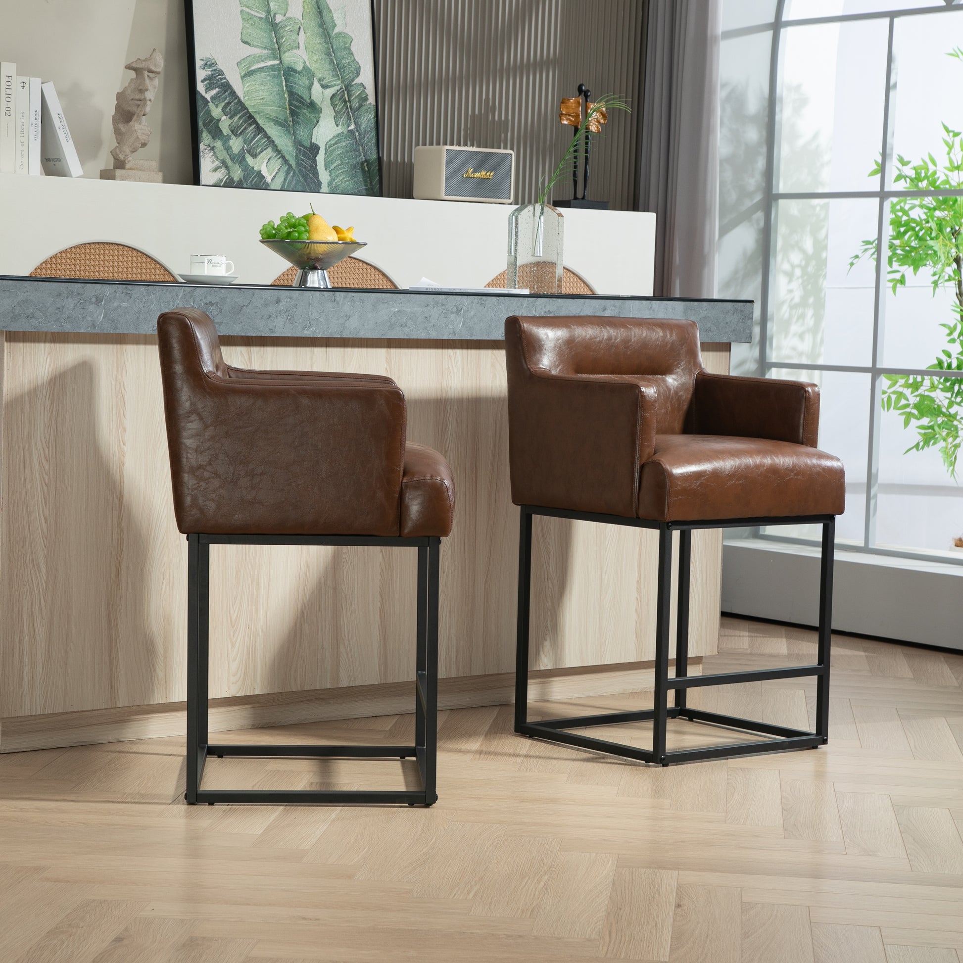 Coolmore Counter Height Bar Stools Set Of 2, Modern Square Bar Stool With Back, Black Metal Frames, Upholstered Bar Stools For Kitchen Island, Pub, Club Brown Pu Brown Pu Primary Living Space Foam Pu
