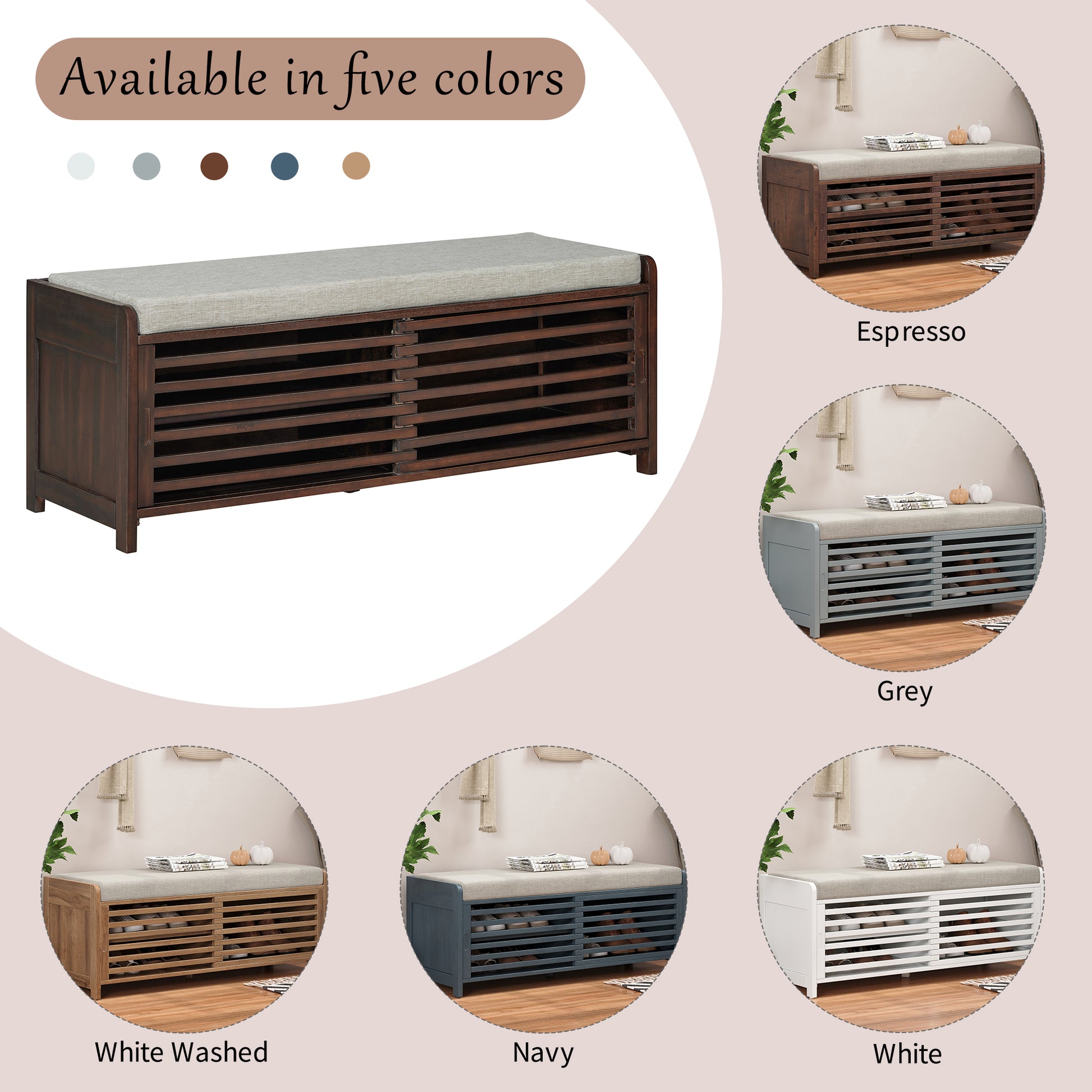 Distressed Shutter Storage Bench With Acacia Veneer For Retro Charm For Living Room, Entryway Espresso Espresso Mdf