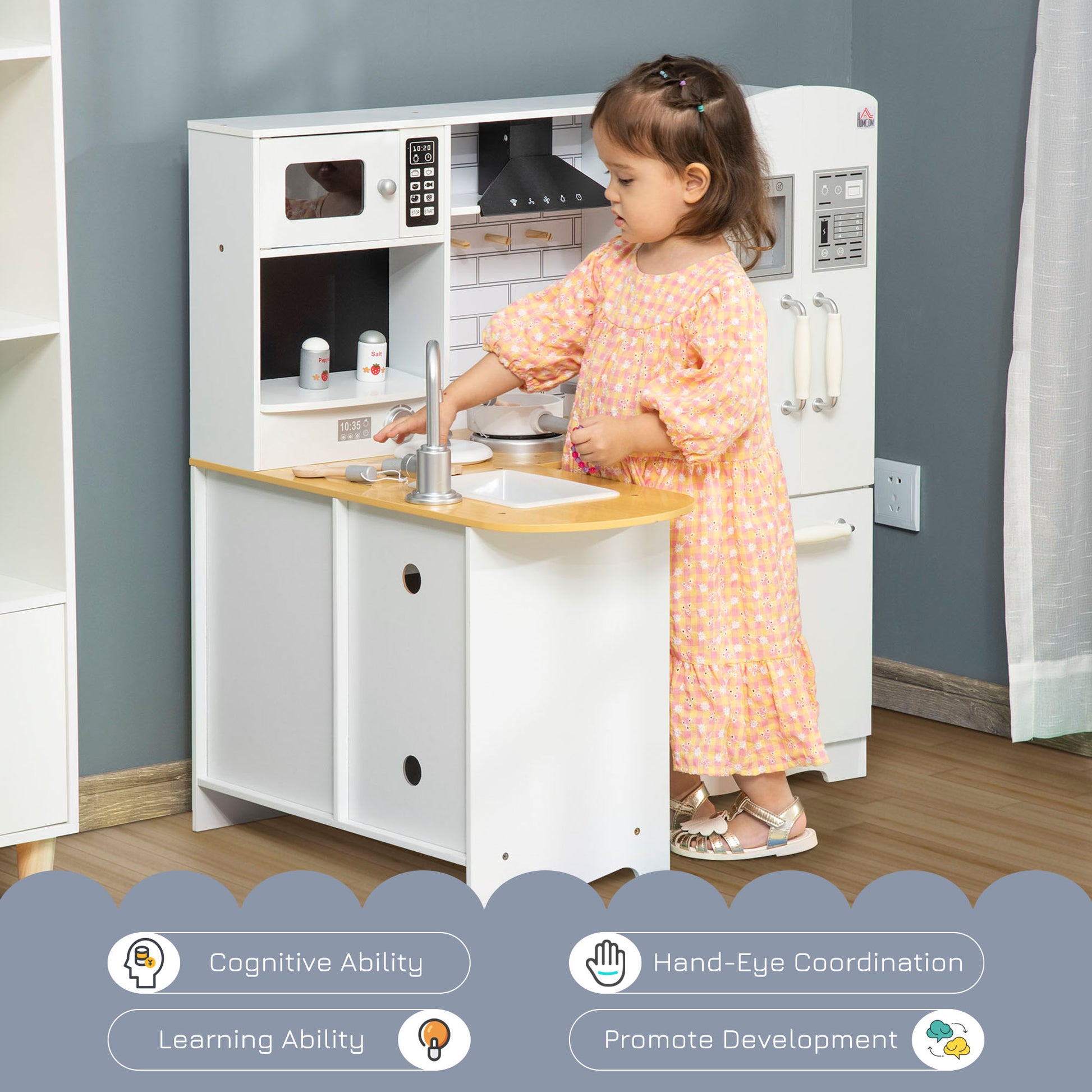 Qaba Large Play Kitchen With Full Set Of Appliances For A Modern Day Pretend Kitchen, Tons Of Storage, Corner Play Kitchen Set With Sound Effect, Educational Pretend Role Playset Game White Silver Mdf