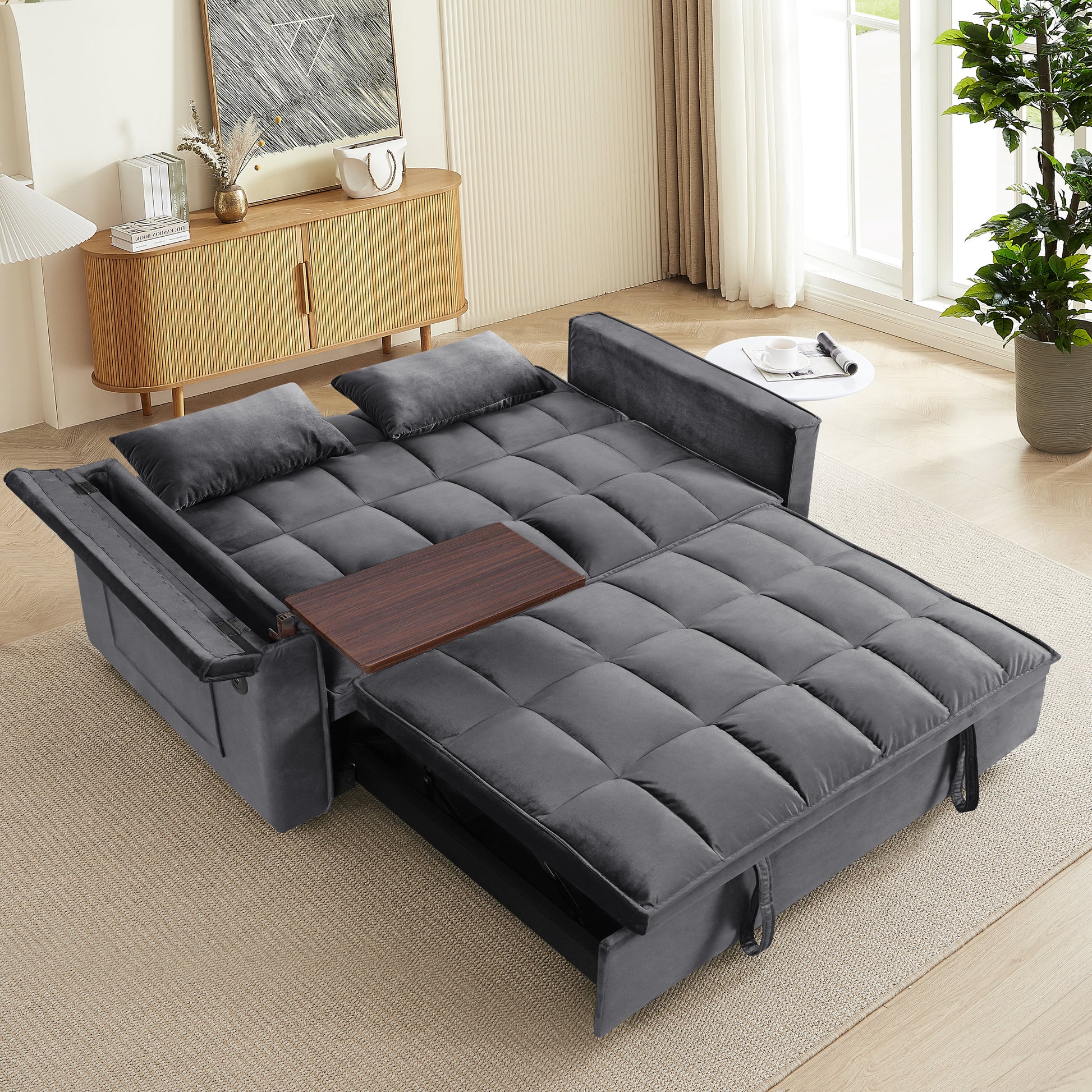 55.5 "3 In 1 Foldable Sofa Bed, Modern Velvet Double Sofa, Sofa Bed With Adjustable Back, Storage Bag And Pillow, Hidden Living Room Laptop Desk With Usb Port, Suitable For Living Room, Bedr Dark