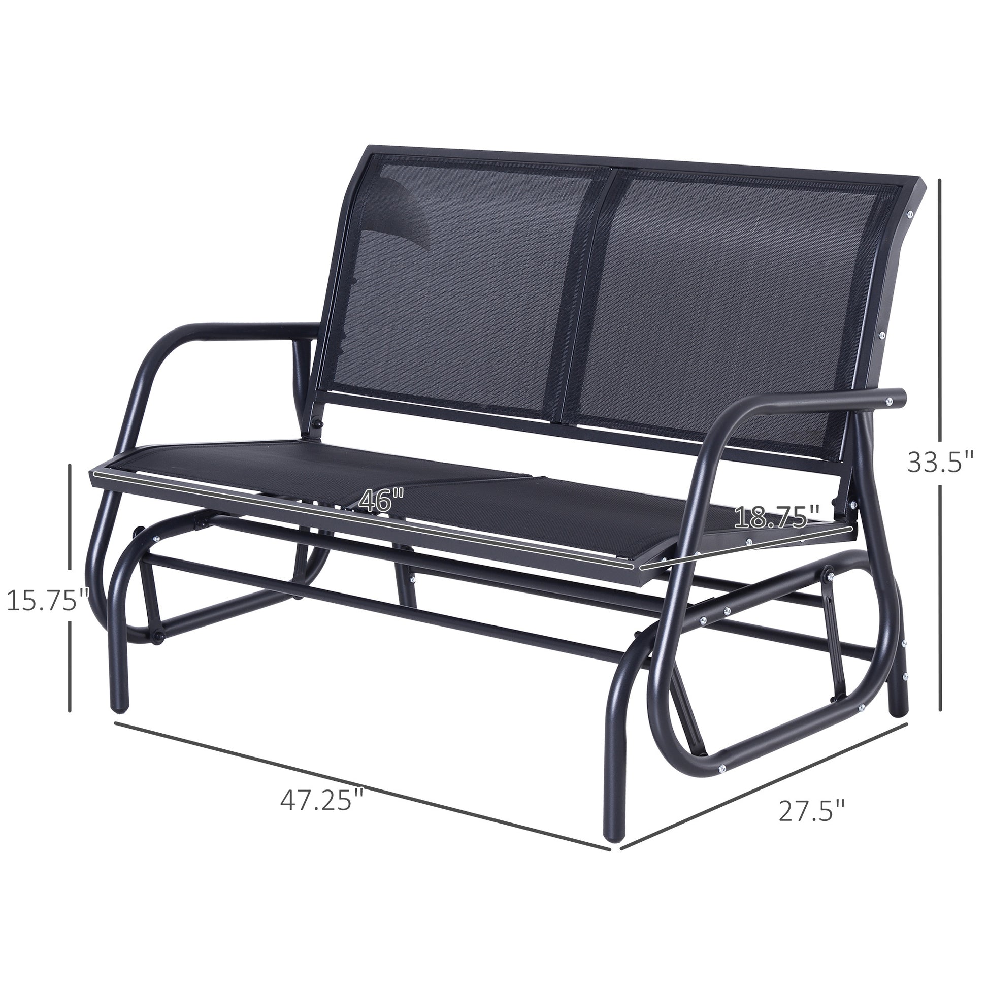 Outsunny 2 Person Outdoor Glider Bench, Patio Double Swing Rocking Chair Loveseat W Powder Coated Steel Frame For Backyard Garden Porch, Black Gray Steel