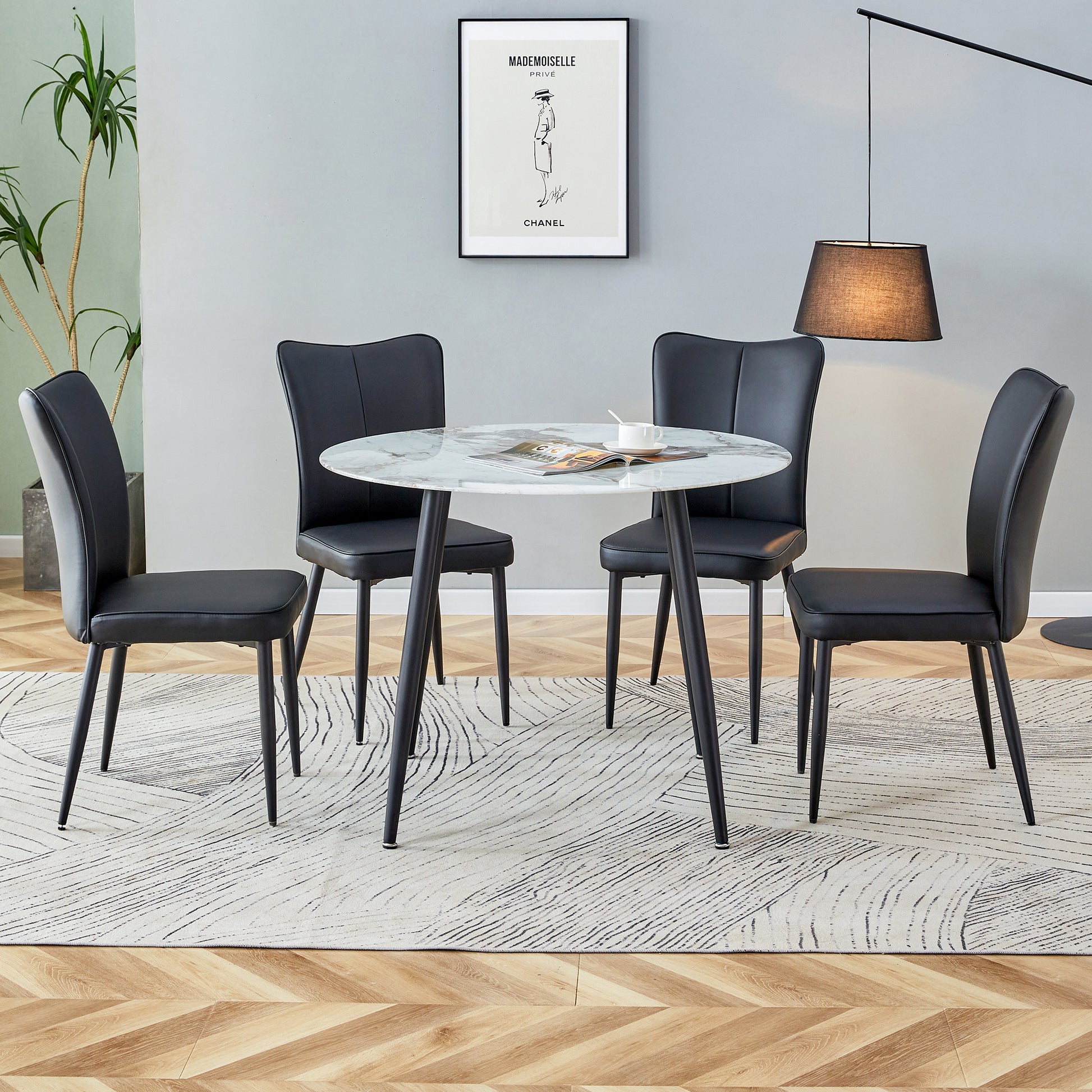 Table And Chair Set. Large Modern White Imitation Marble Patterned Round Table With Black Metal Legs. Nice Minimalism, Comfortable Seats And Black Metal Legs. White Black Seats 4 Glass Metal