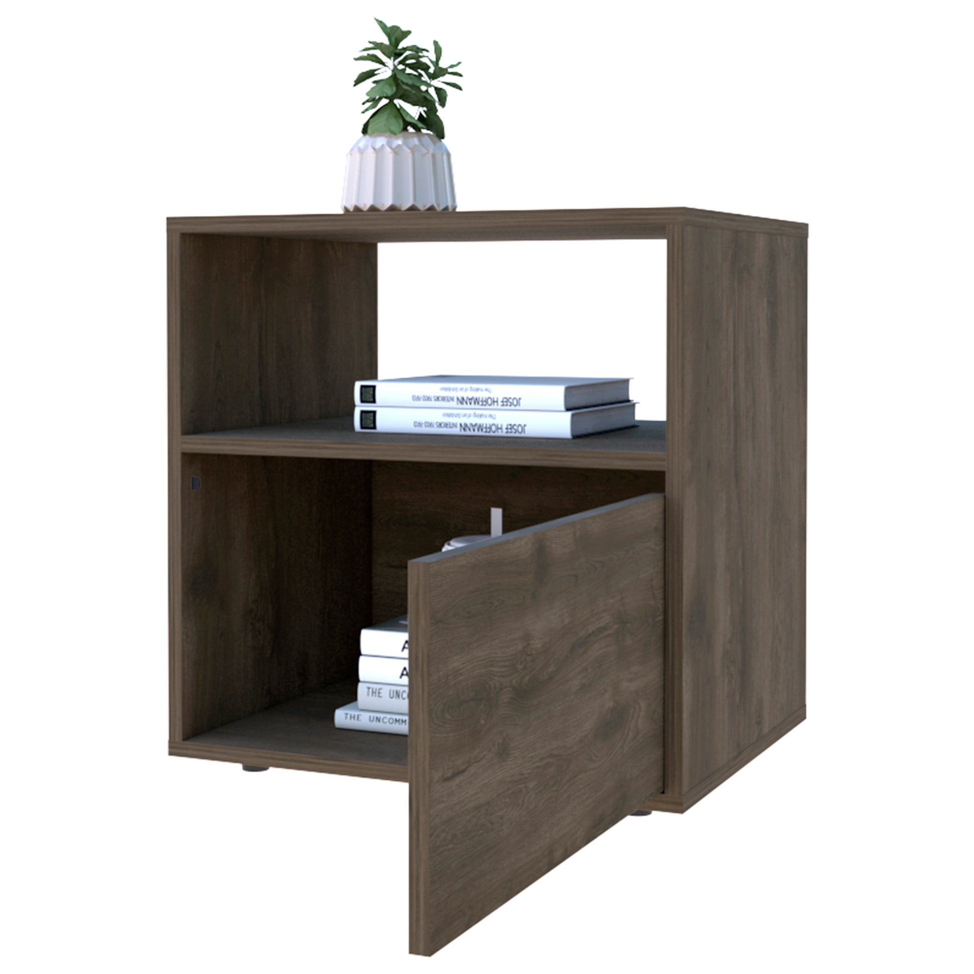 Nightstand 20"H, Superior Top, Open Shelf, One Cabinet, Dark Brown Brown Particle Board Particle Board