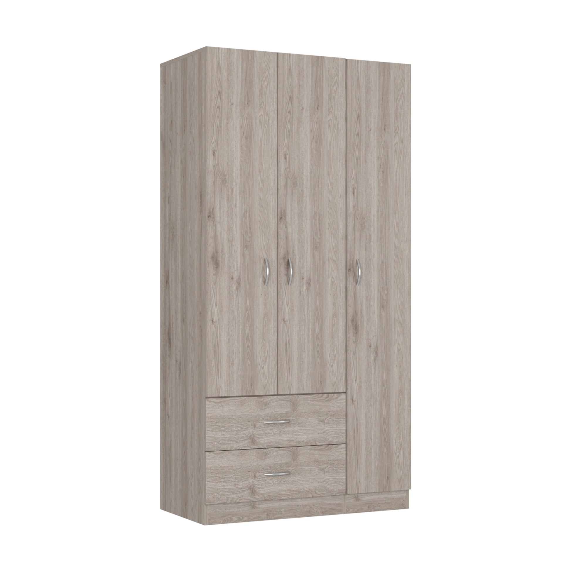 Austral 3 Door Armoire With Two Drawers, Shelves, And Hanging Rod Light Gray Light Gray Particle Board