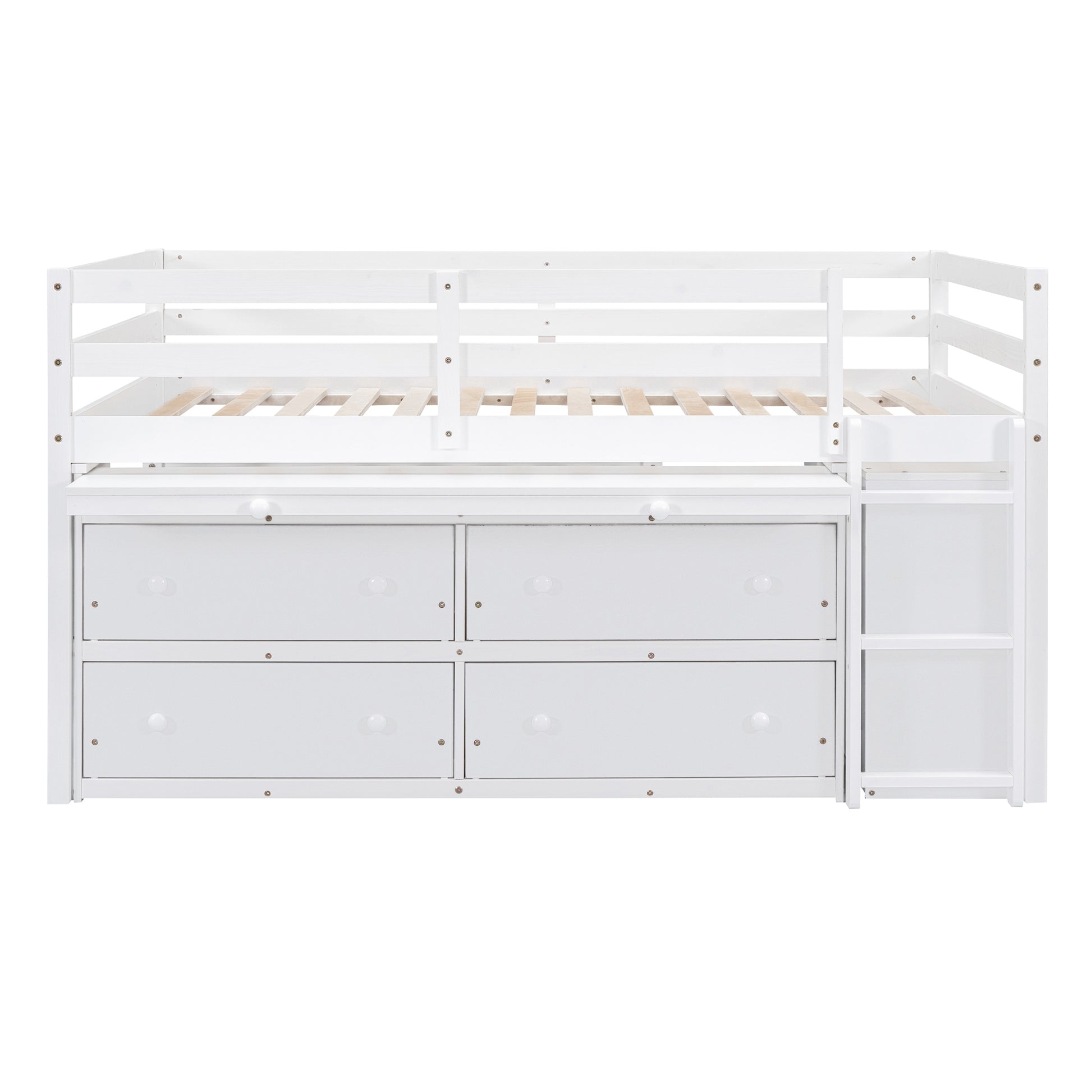 Full Size Loft Bed With Retractable Writing Desk And 4 Drawers, Wooden Loft Bed With Lateral Portable Desk And Shelves, White Full White Solid Wood Mdf