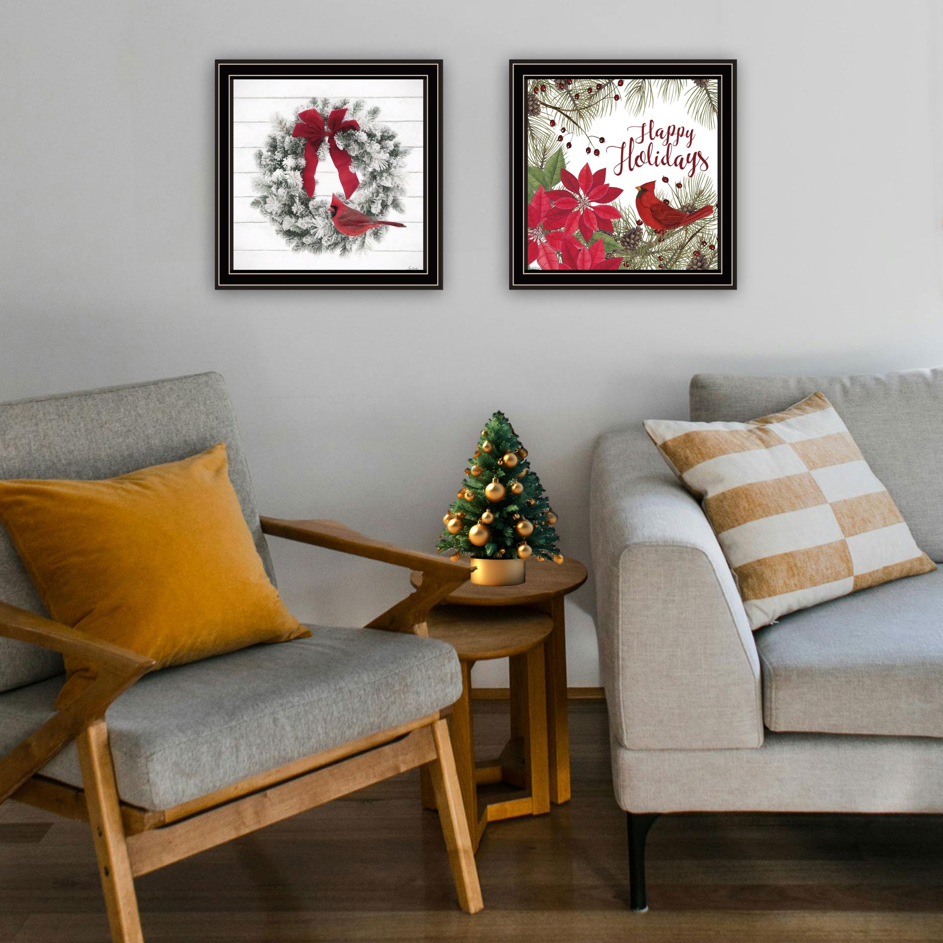 2 Piece Vignette Cardinal Wreath Black Framed Wall Art For Living Room, Bedroom Wall Art Print For Home Decor By Linda Spivey Multicolor Wood Paper